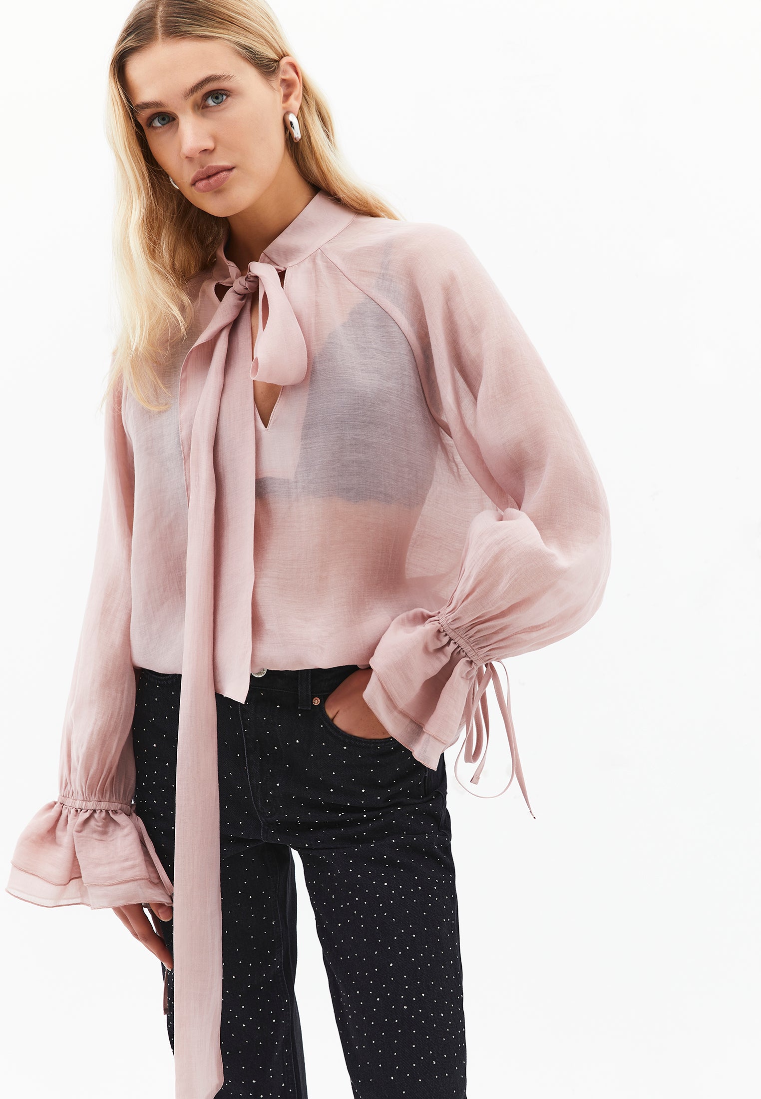 Deep v-neck tie blouse - ADOBE ROSE
