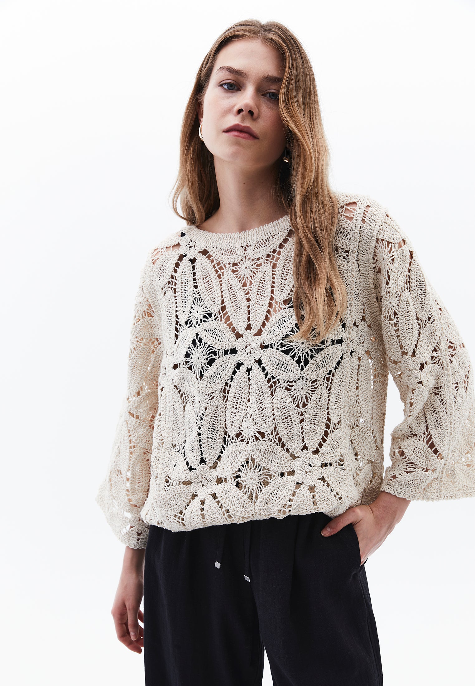 AJOUR DETAILED BLOUSE - ALMOND MILK