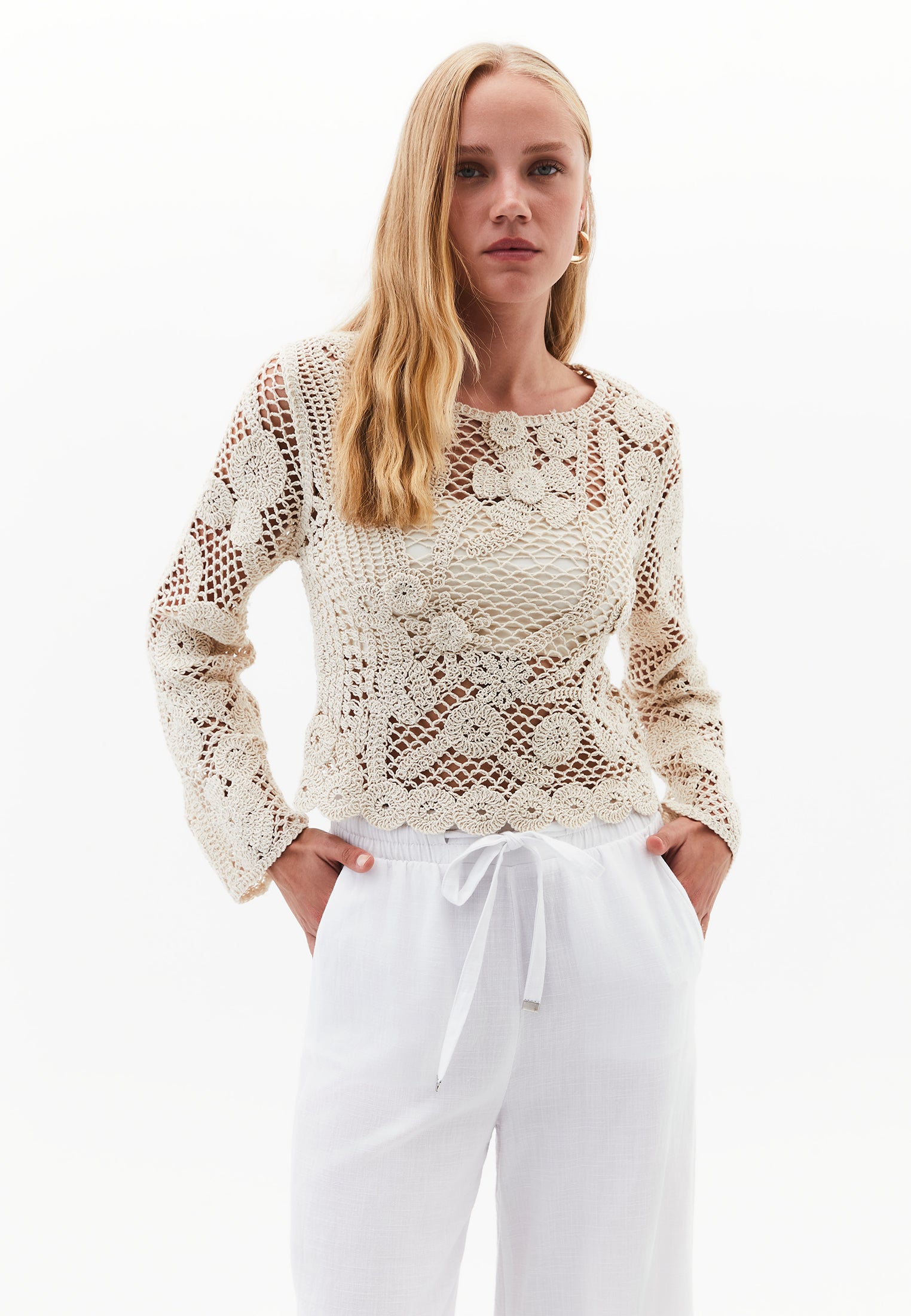 LONG SLEEVE COTTON BLOUSE - ALMOND MILK