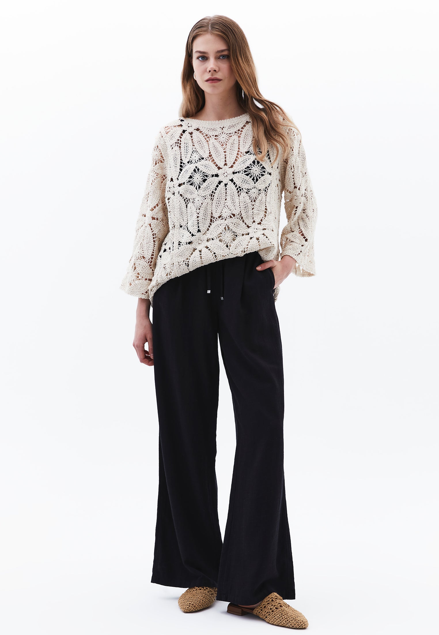 AJOUR DETAILED BLOUSE - ALMOND MILK