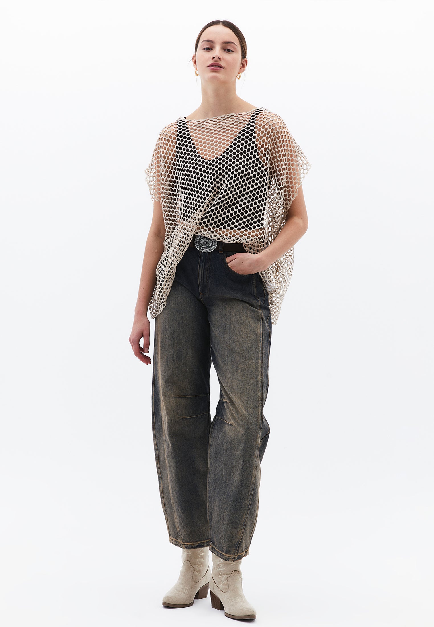 Oversize Boat Neck Tunic Blouse - ALMOND MILK