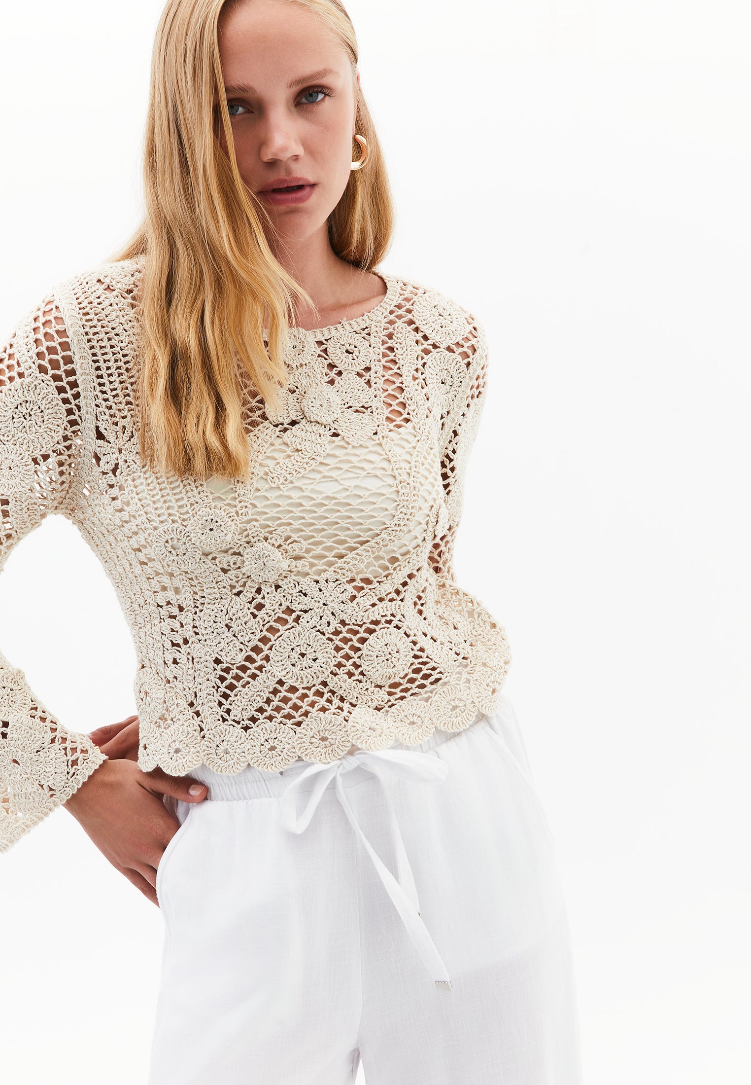 LONG SLEEVE COTTON BLOUSE - ALMOND MILK