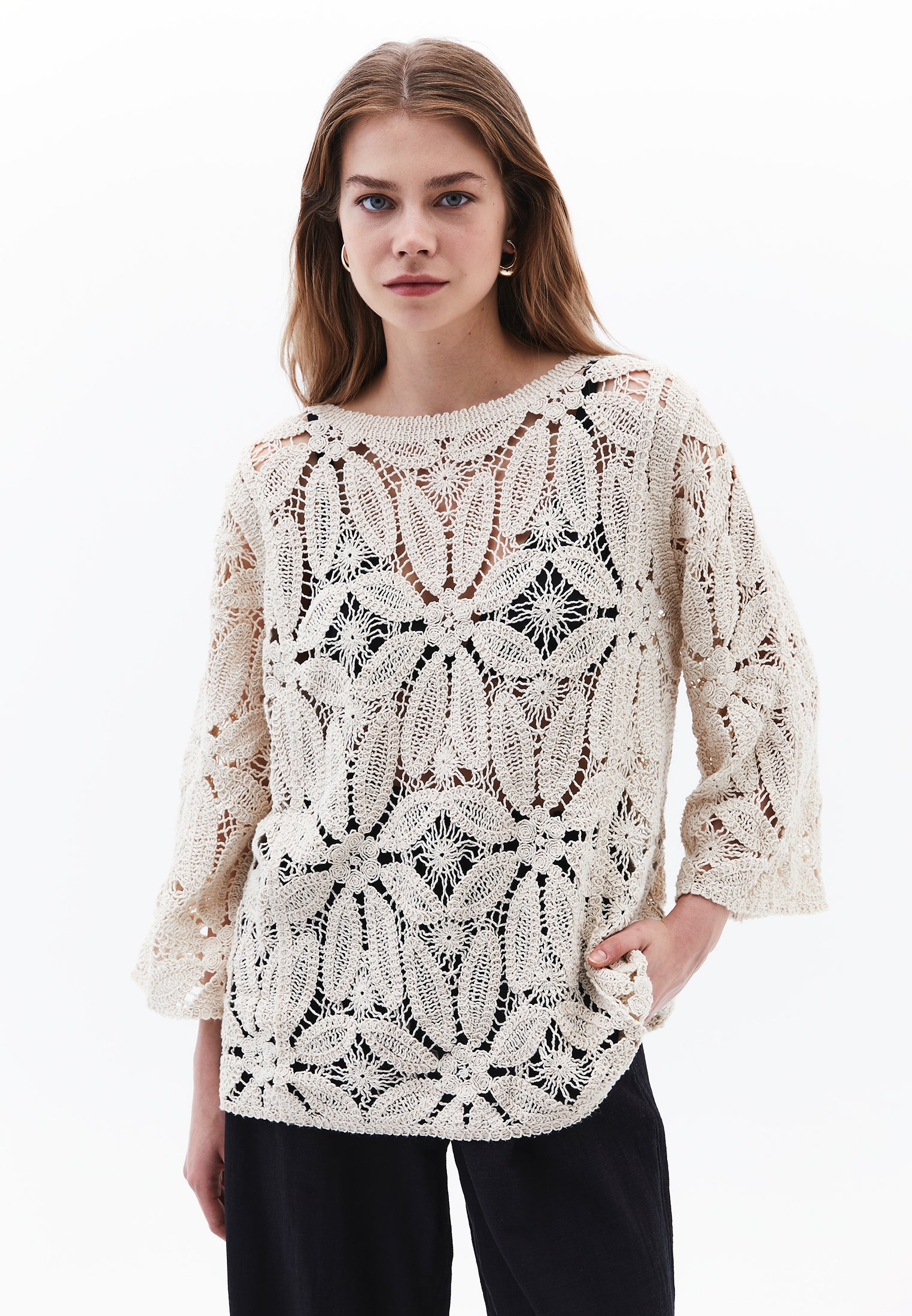 AJOUR DETAILED BLOUSE - ALMOND MILK