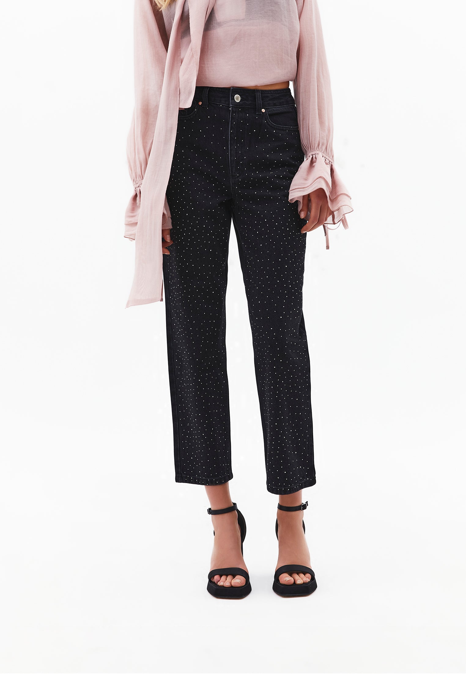 Ultra High Waist Mom Jeans Pants With Stone Details - BLACK DENIM