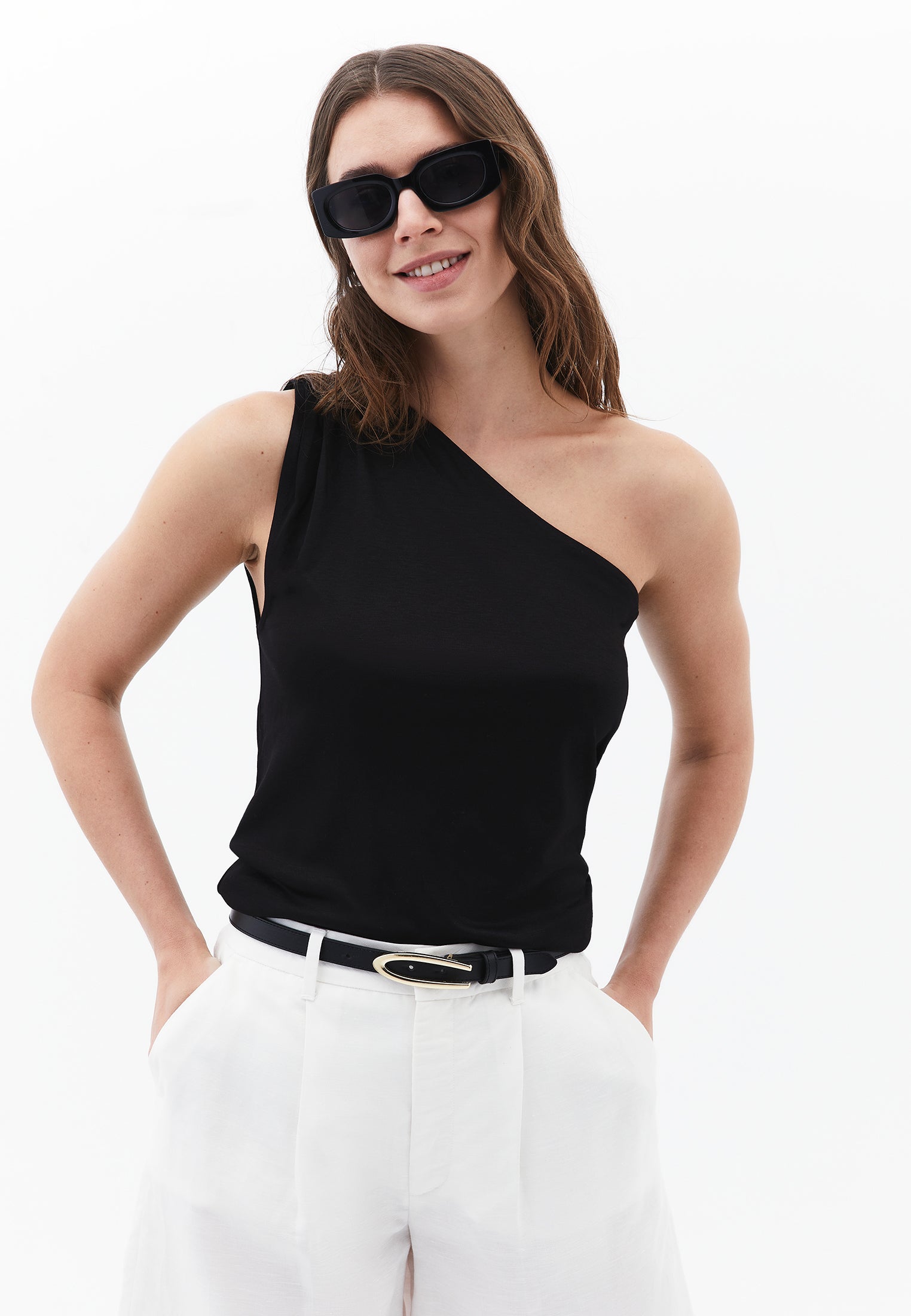 Pleated One-Shoulder Blouse - BLACK