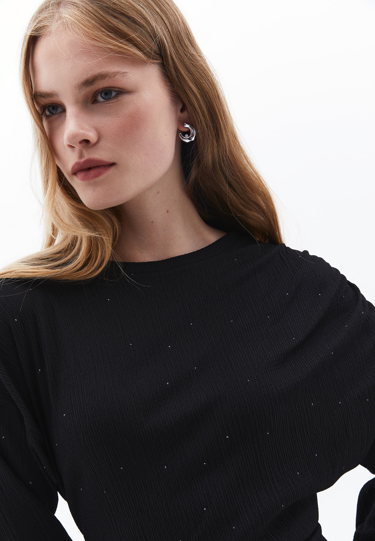 Long Dress With Ruched Crew Neck - BLACK