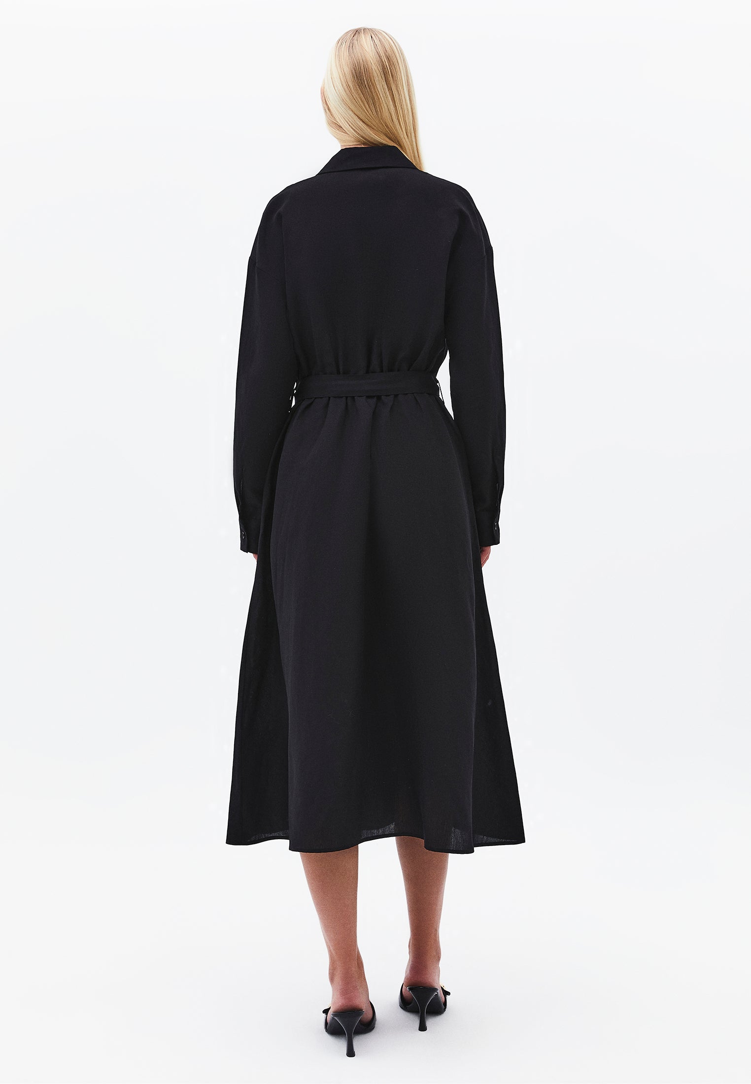 Belt Detailed Long Shirt Collar Dress - BLACK