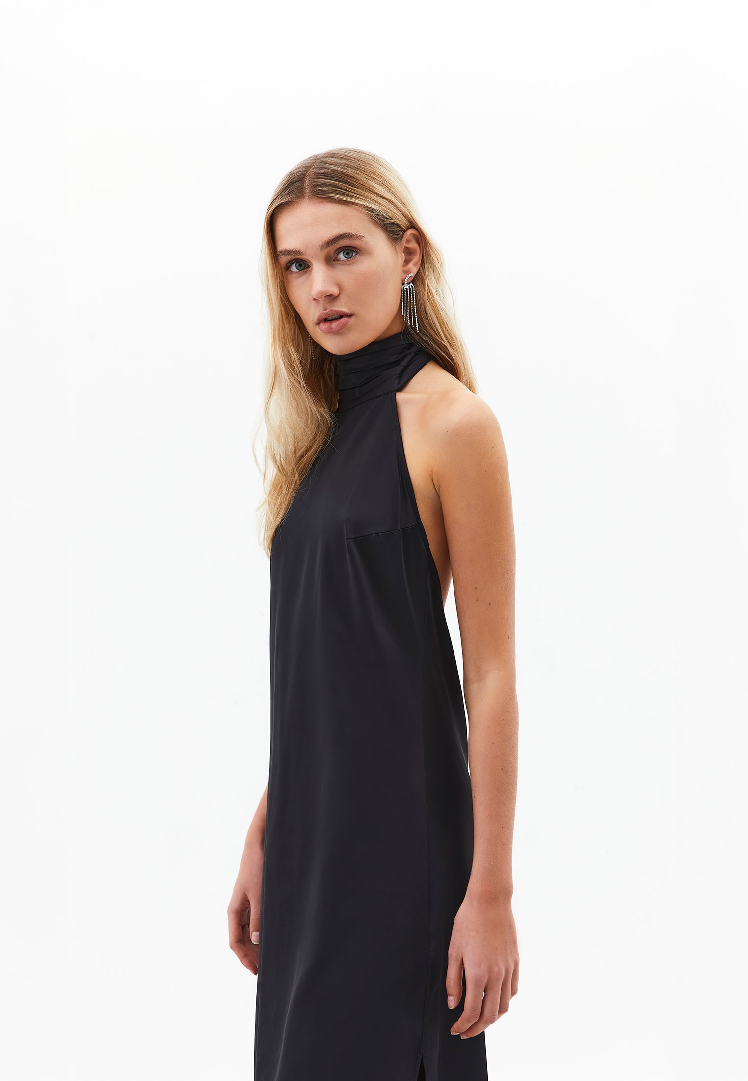 Long Dress With High Neck, Button And Slit Detail - BLACK