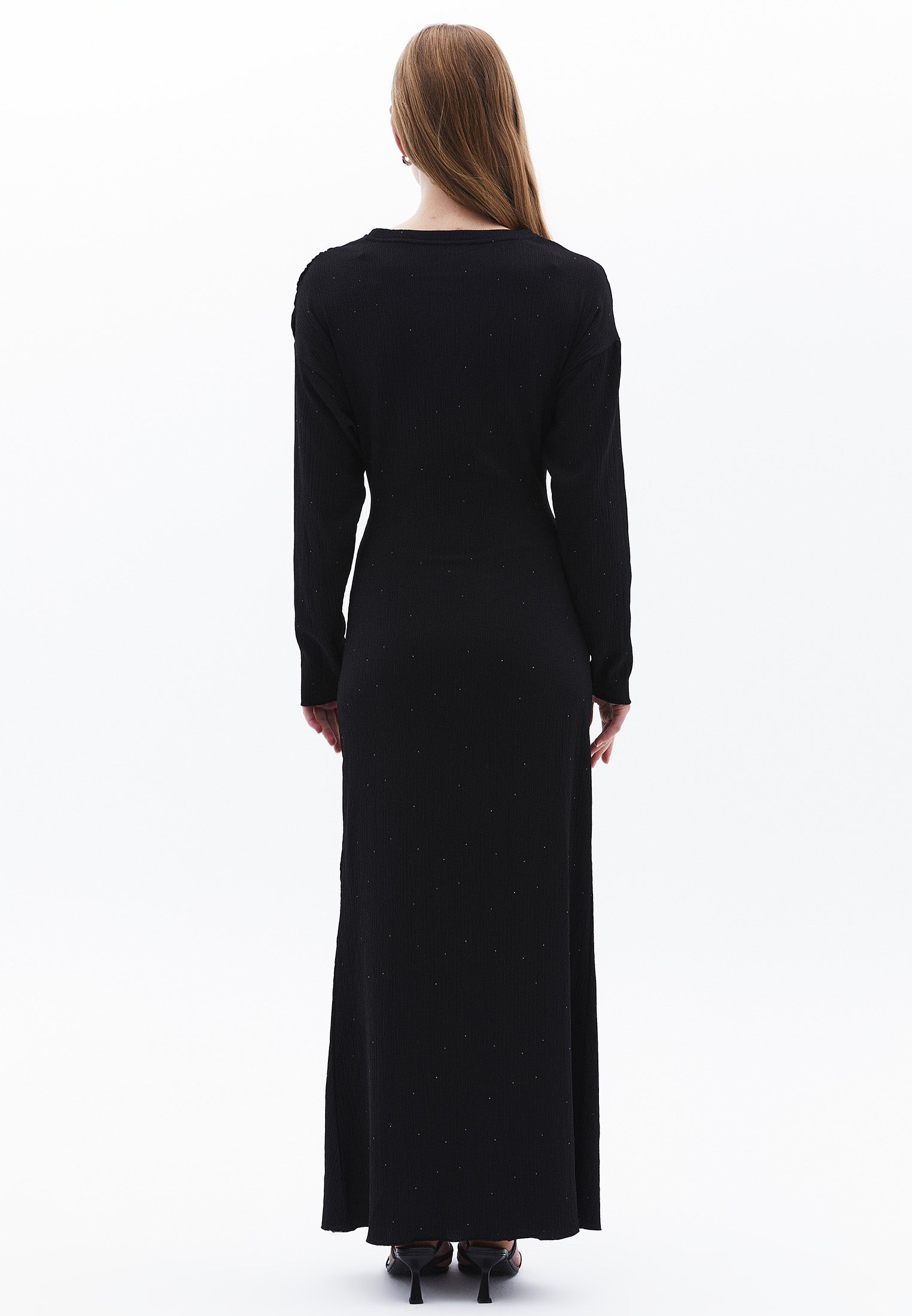 Long Dress With Ruched Crew Neck - BLACK