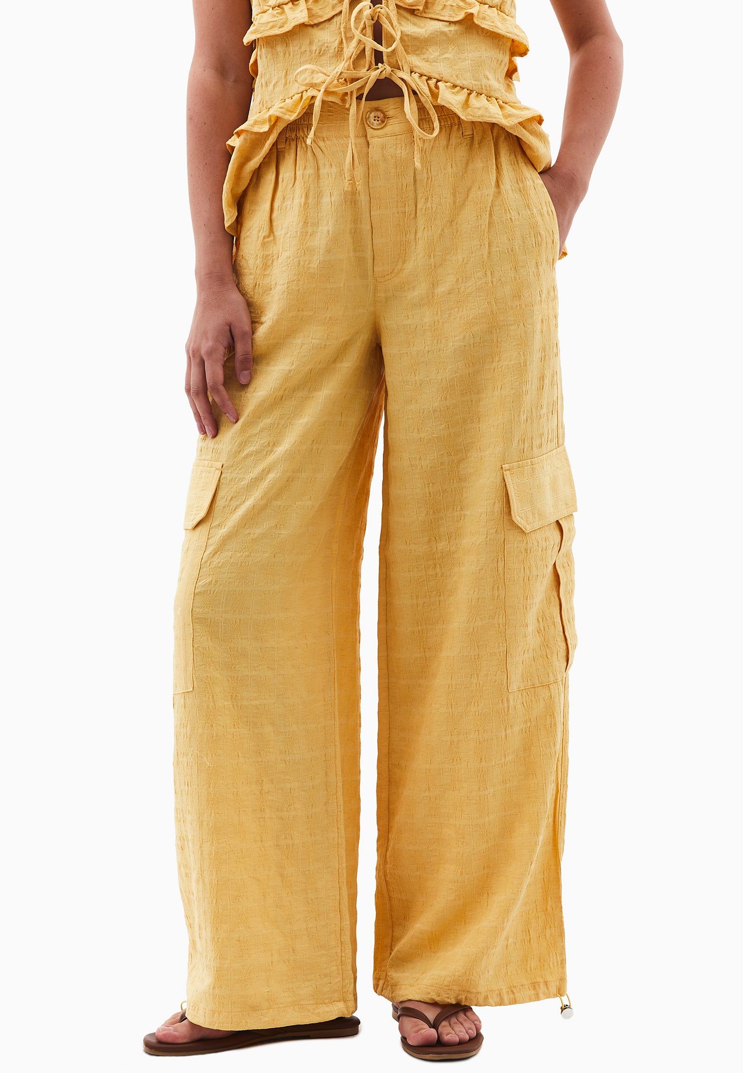 بنطلون جاكار عالي الخصر - أصفر برتقالي اللون