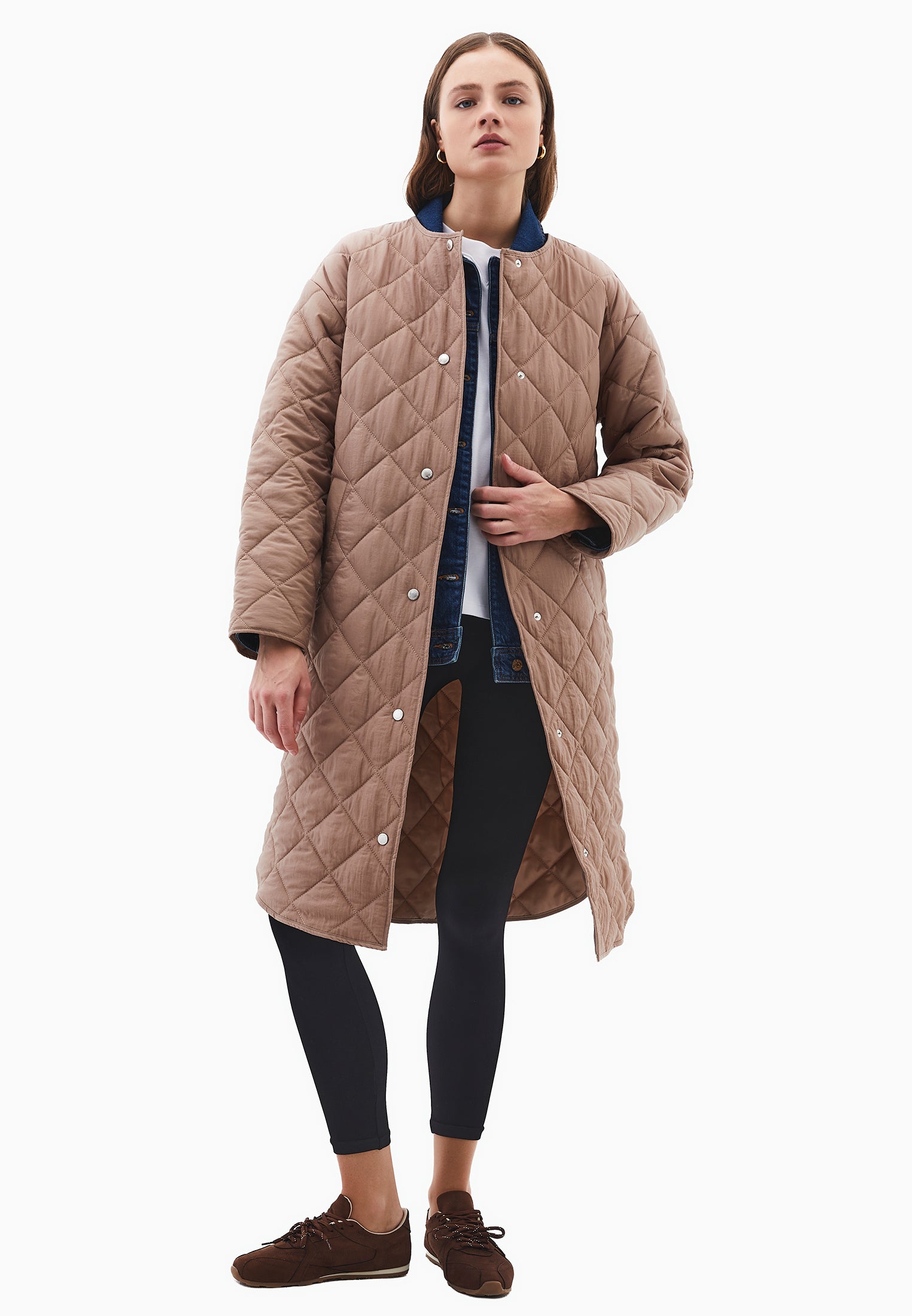 Long Coat With Crew Neck - DESERT TAUPE