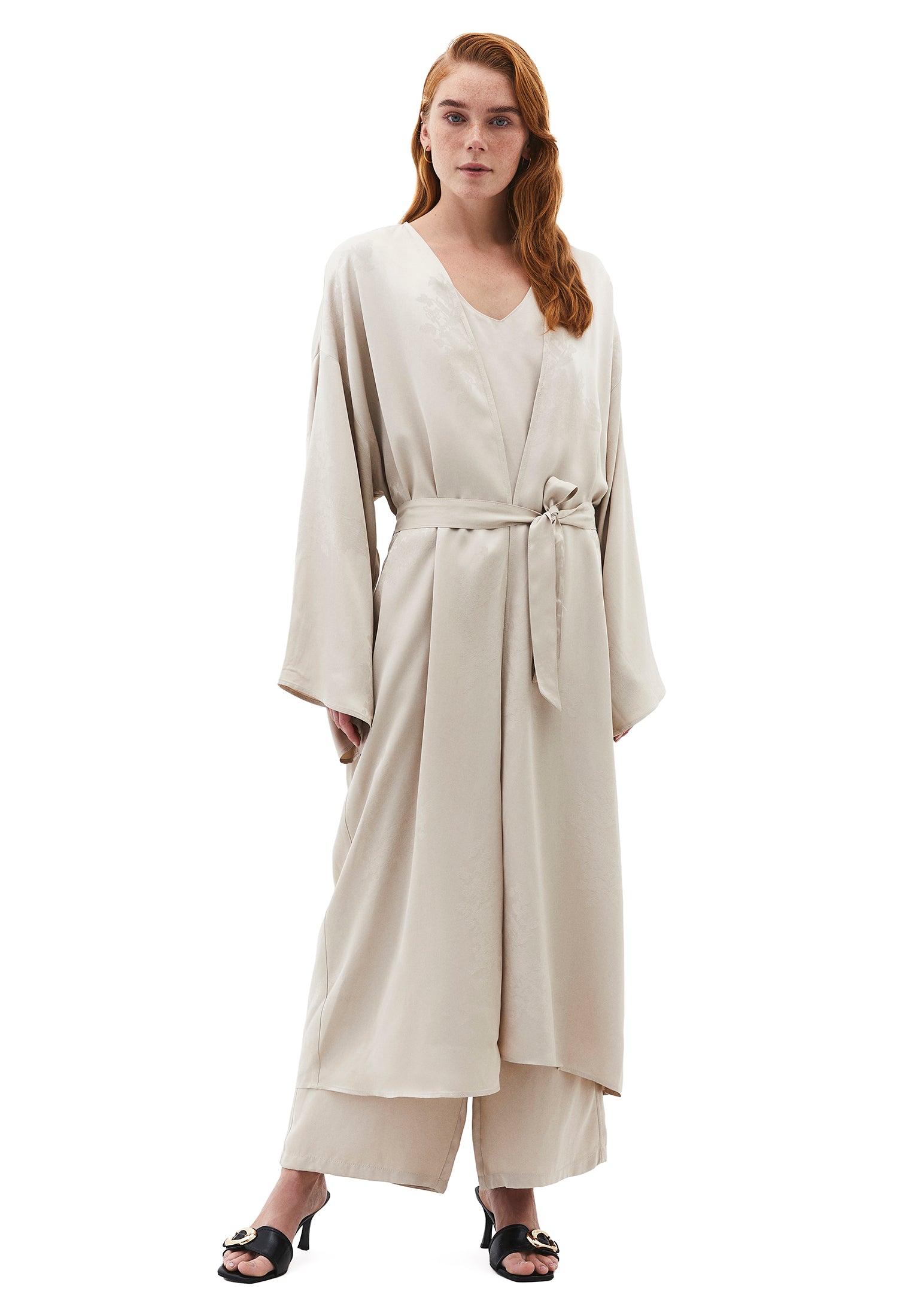 Long Embroidered Detail Oversize Kimono - FEATHER GRAY