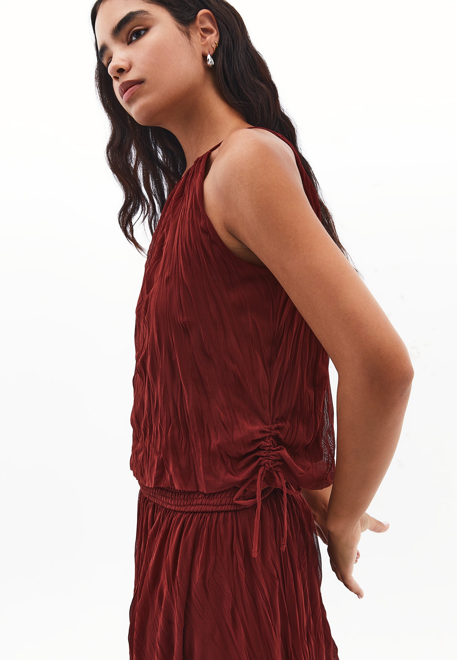 Halter Neck Crinkled Look Blouse - FIRED BRICK