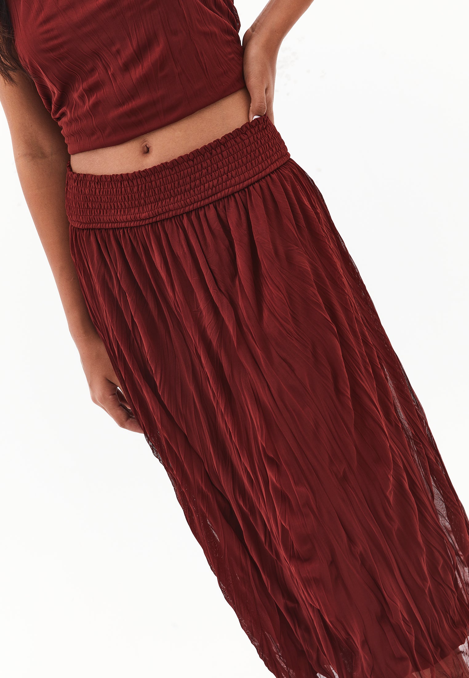 Wrinkled Look Midi Skirt - FIRED BRICK