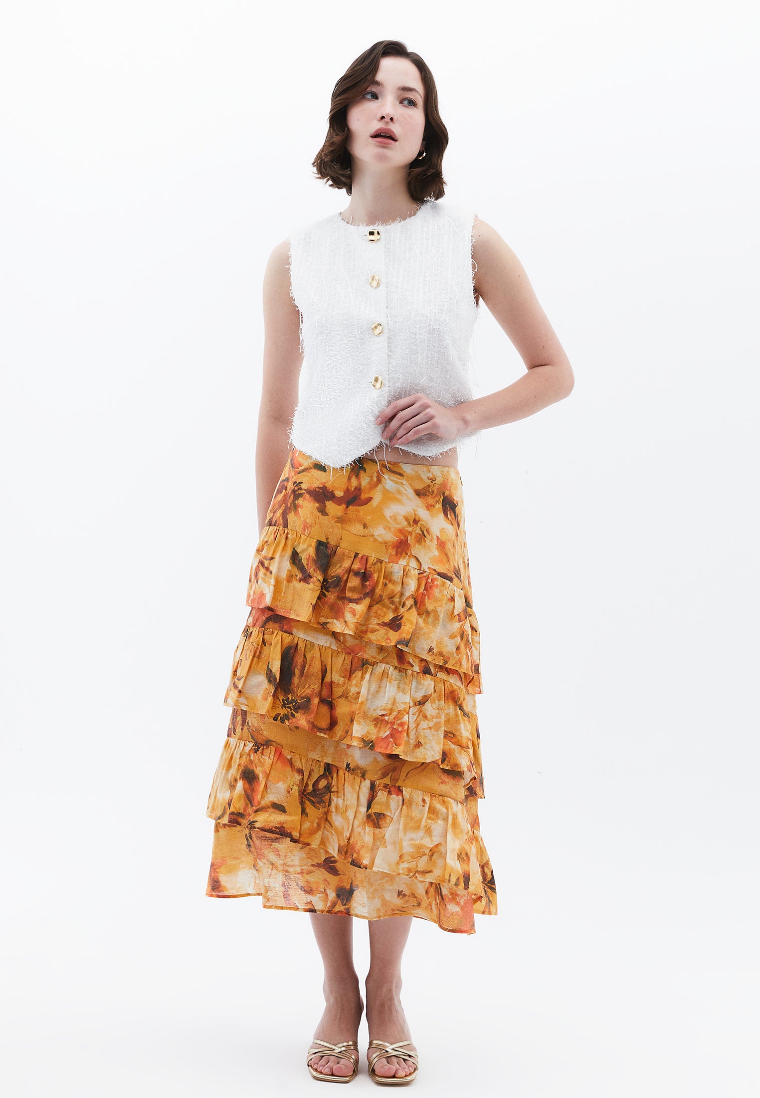 Ruffled Linen Skirt - FLORAL COMB
