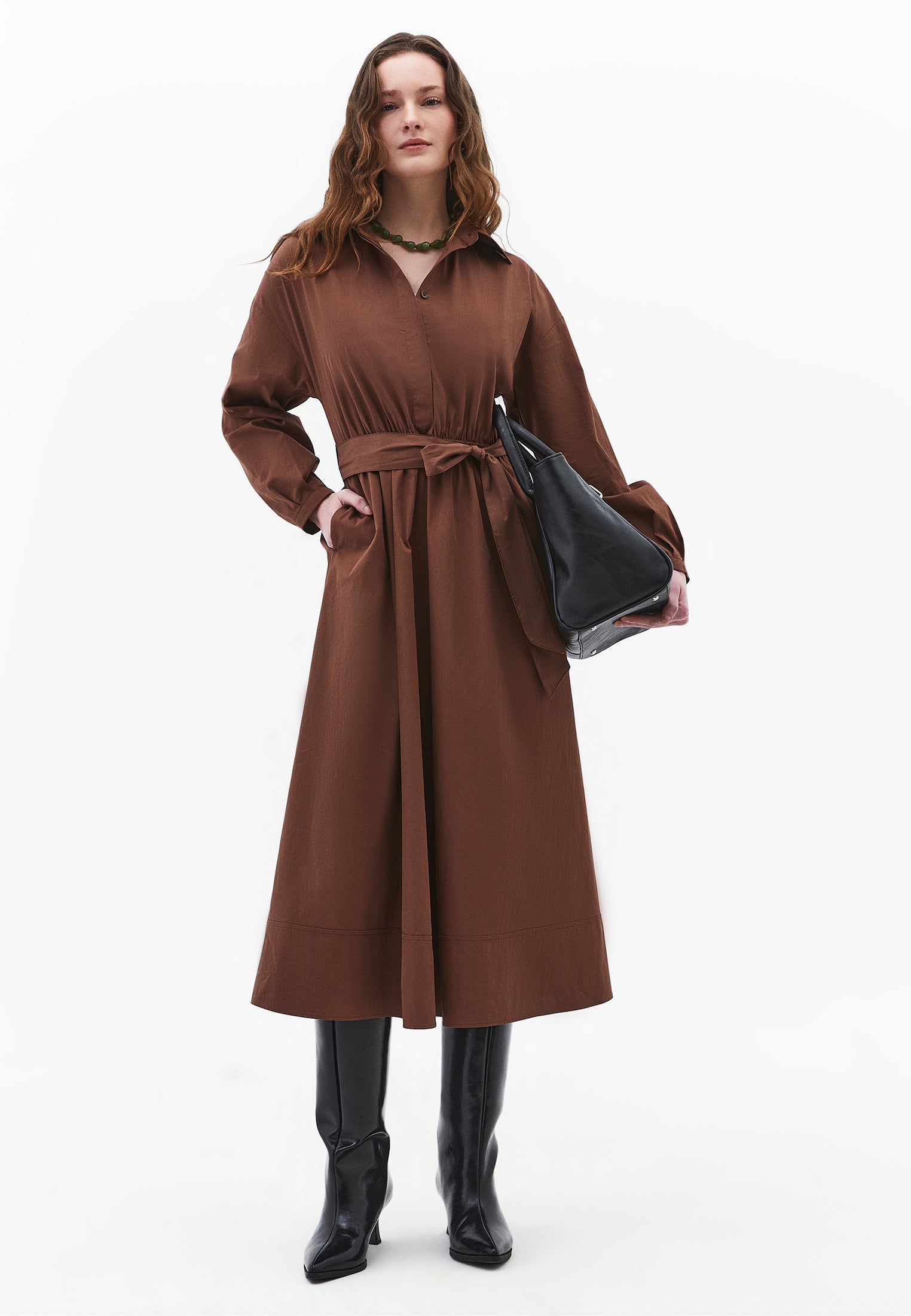 Shirt Collar Belt Detailed Long Dress - FONDUE FUDGE