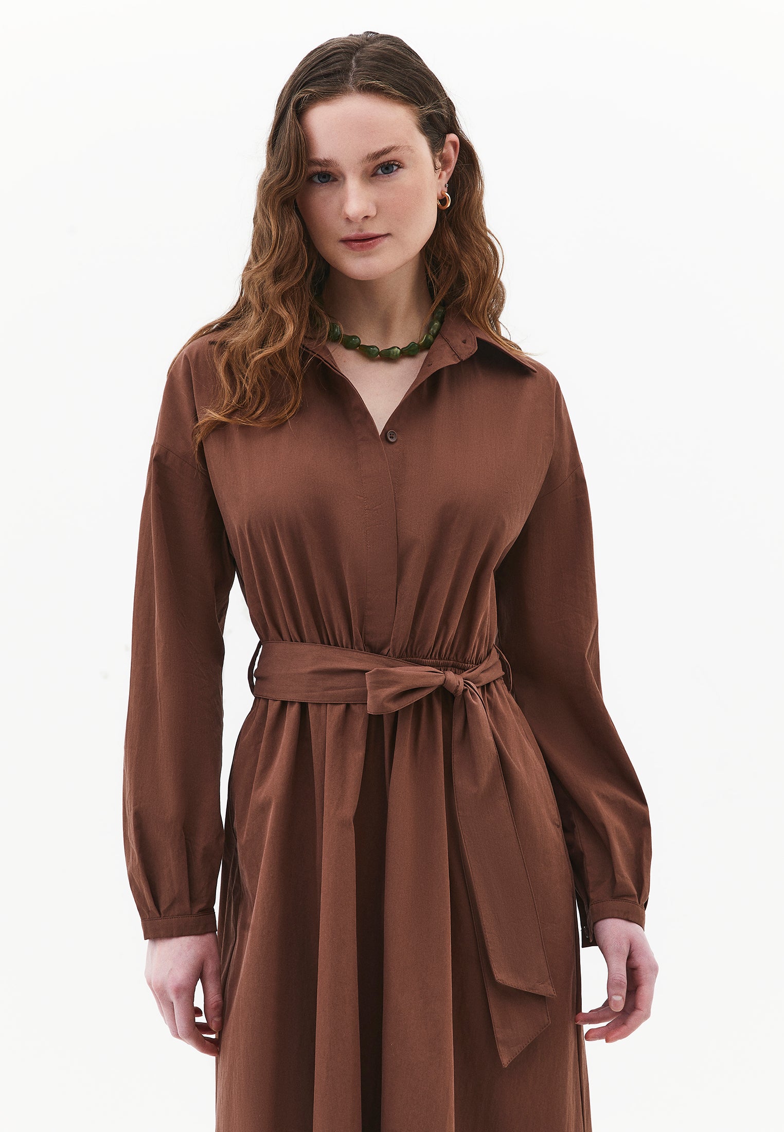 Shirt Collar Belt Detailed Long Dress - FONDUE FUDGE