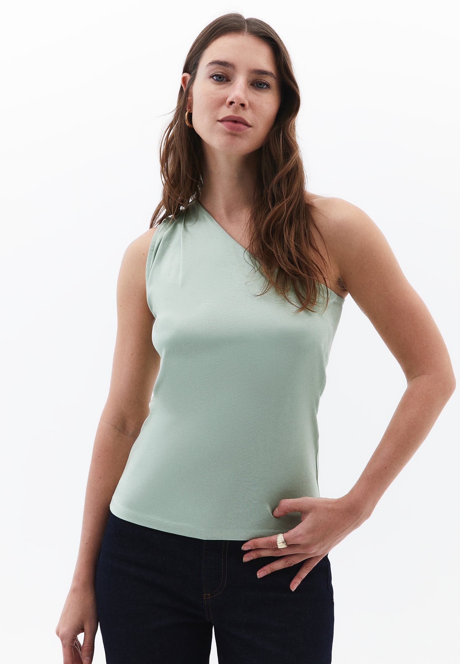Pleated One-Shoulder Blouse - LAUREL GREEN