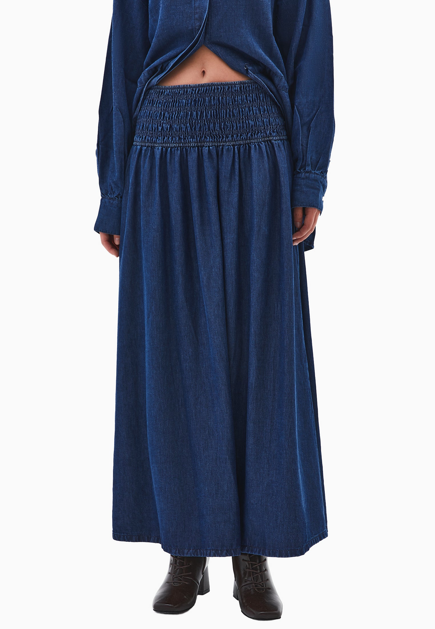 تنورة دنيم طويلة على شكل حرف A - دنيم أزرق متوسط