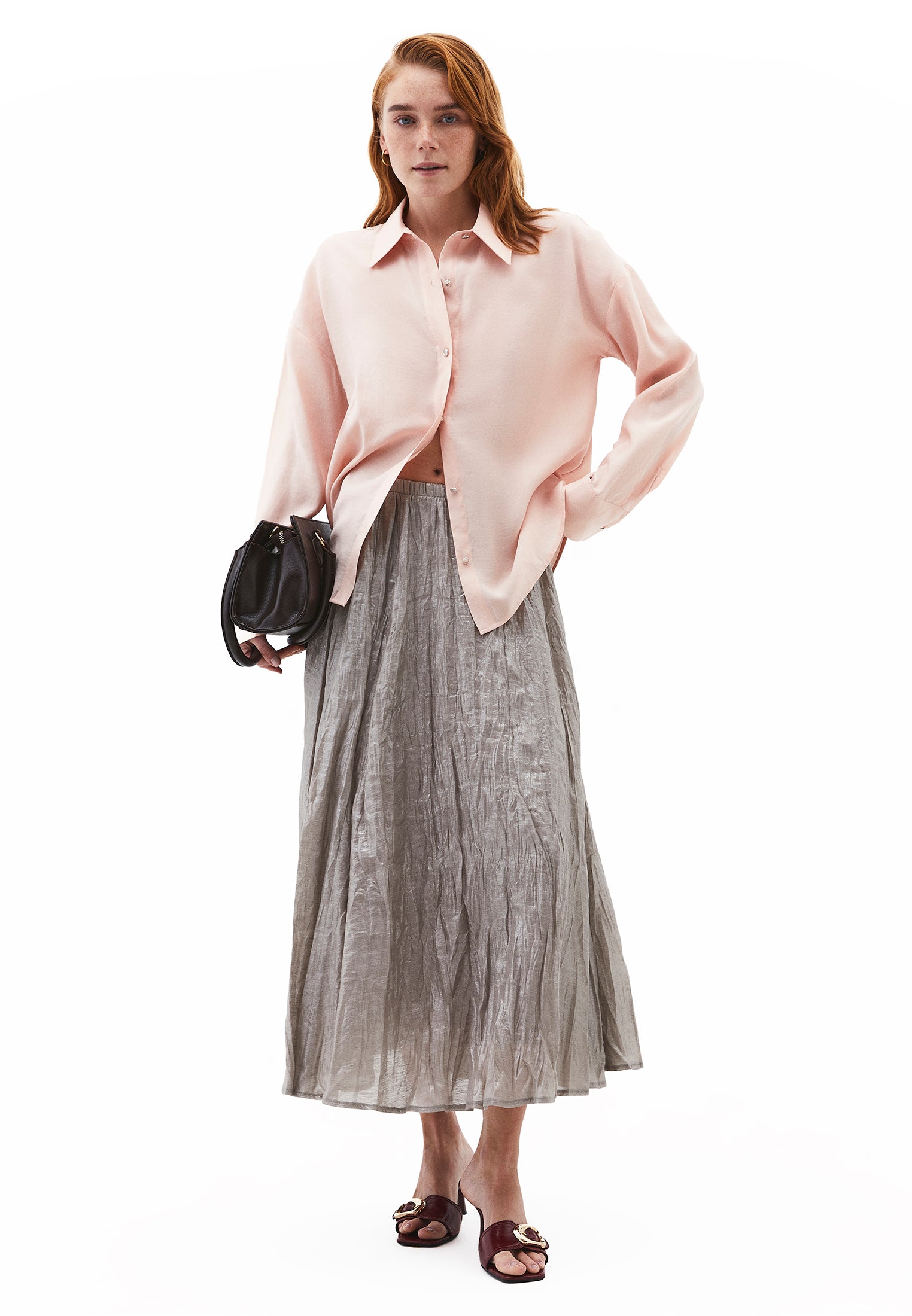 Shiny Flared Long Skirt - MOON ROCK