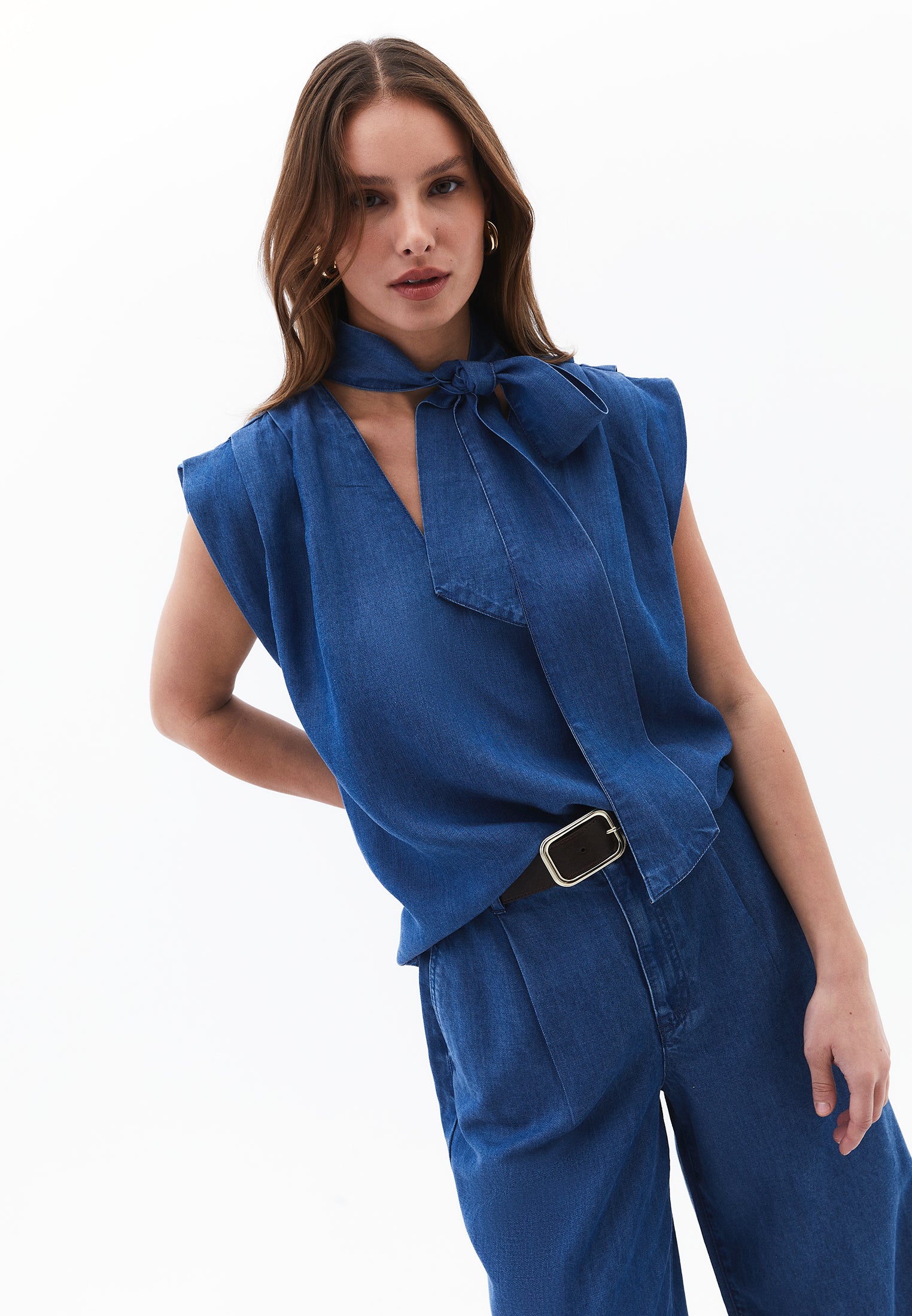 Tencel Blouse With Bow Detail - RODEO BLUE DENIM