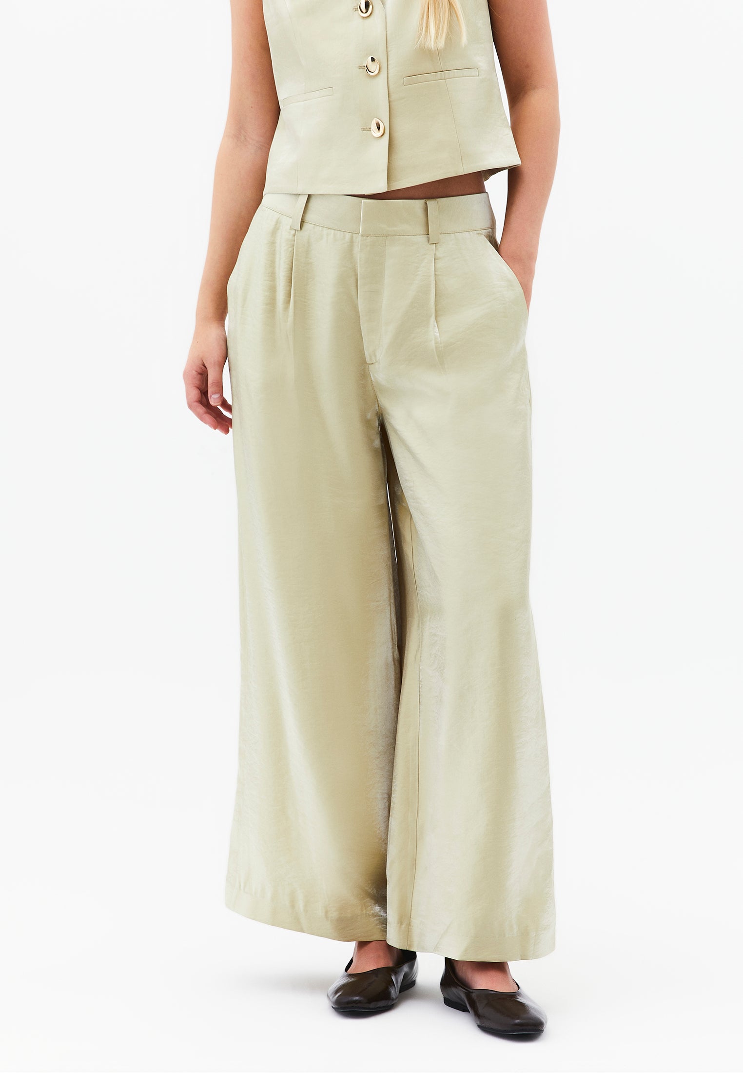 Wide Leg Trousers With Belt Detail - SAGE GREEN