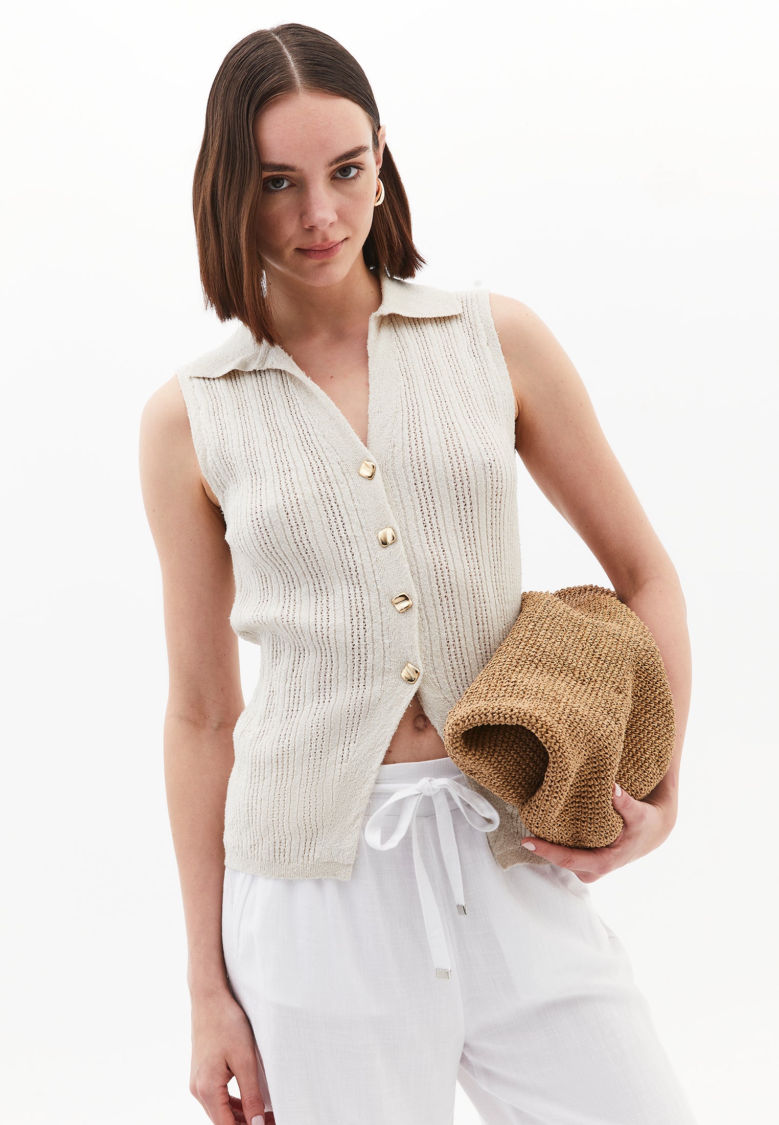 V-Neck Bouclé Vest - SILVER BIRCH