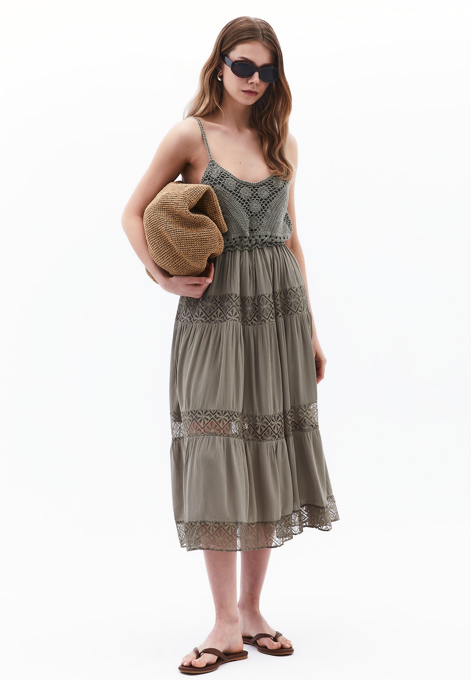 Bohemian Style Deep Neck Dress - TEA