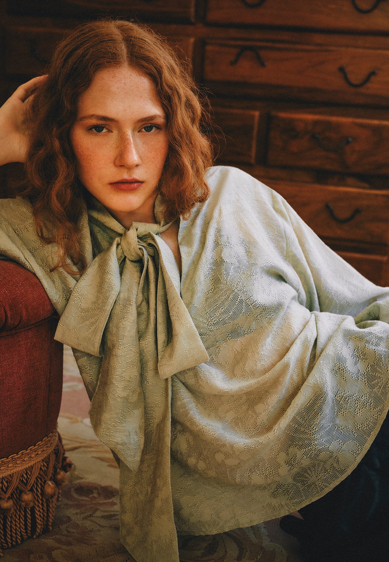 High Neck Balloon Sleeve Tie Blouse - TEA