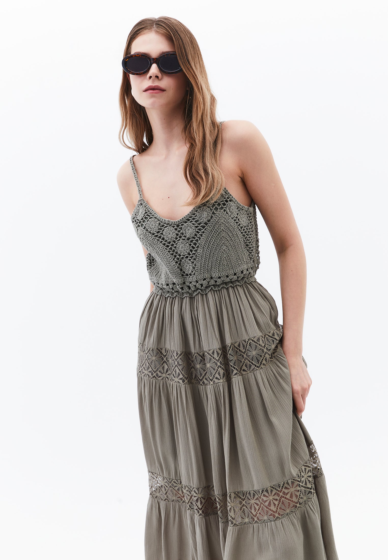 Bohemian Style Deep Neck Dress - TEA