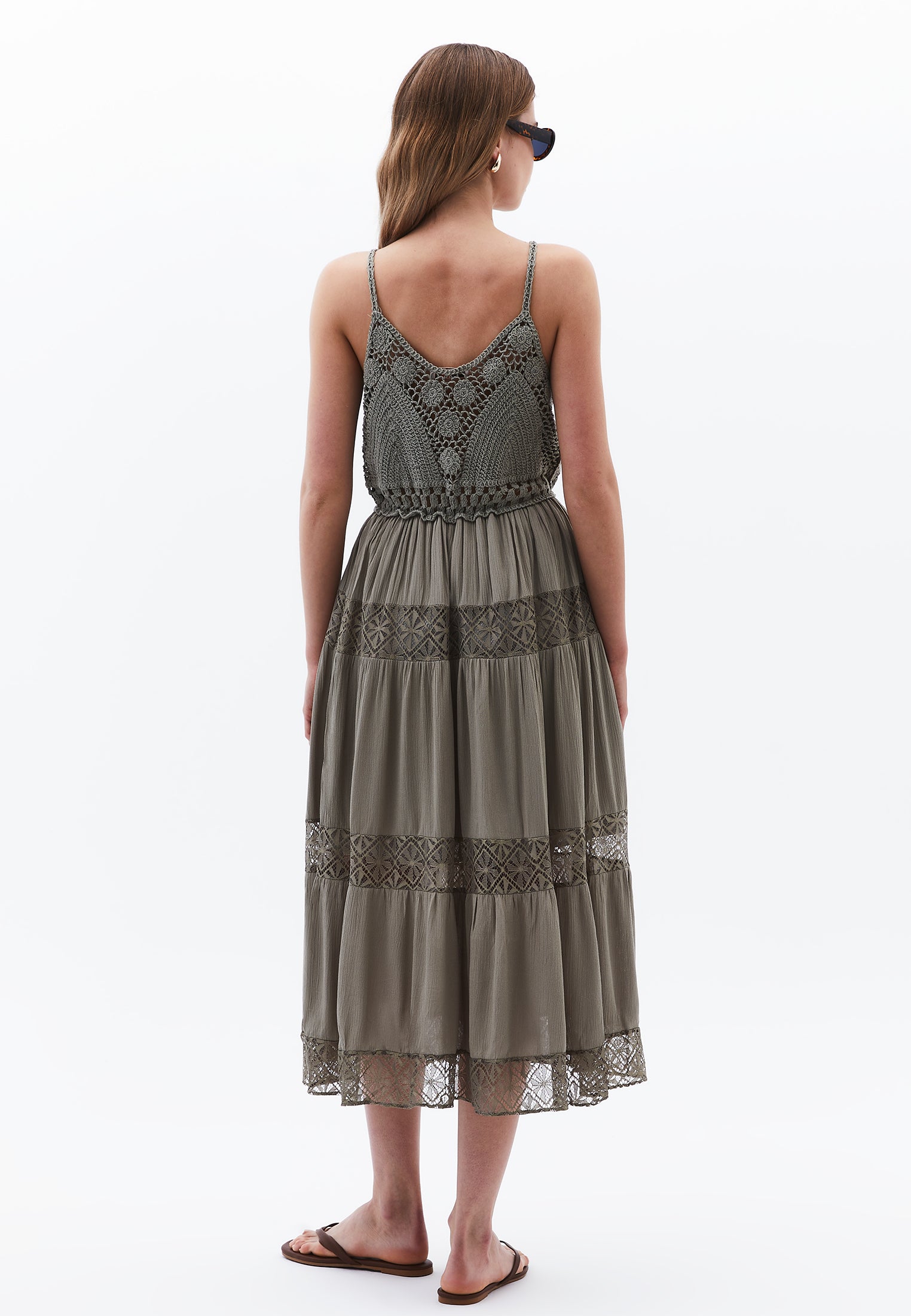 Bohemian Style Deep Neck Dress - TEA