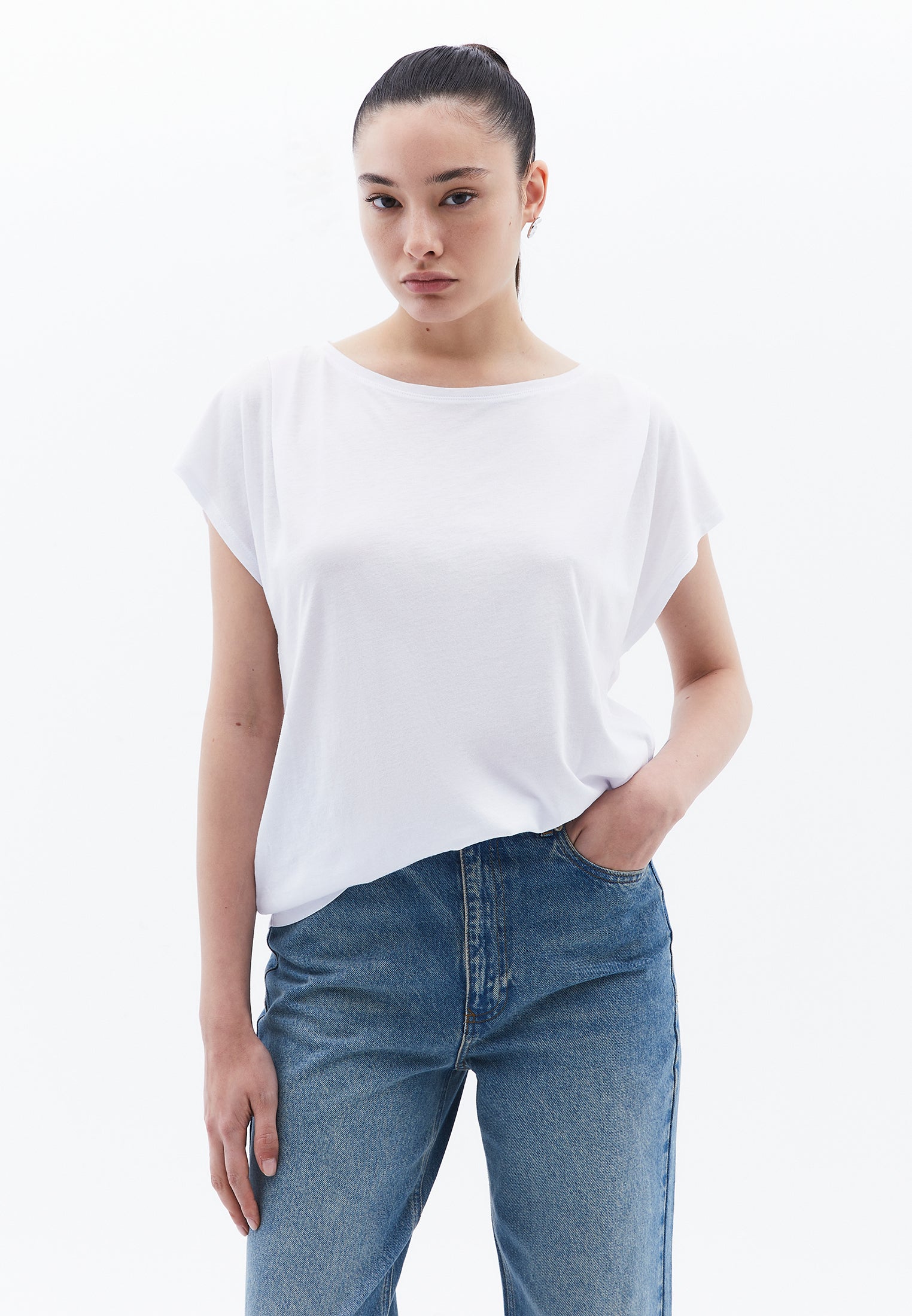 Boat Neck Short Sleeve T-Shirt - WHITE