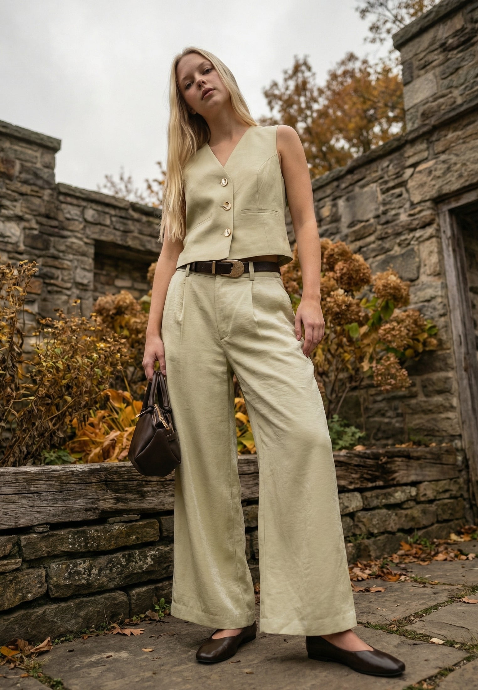 Wide leg pants with belt detail - SAGE GREEN