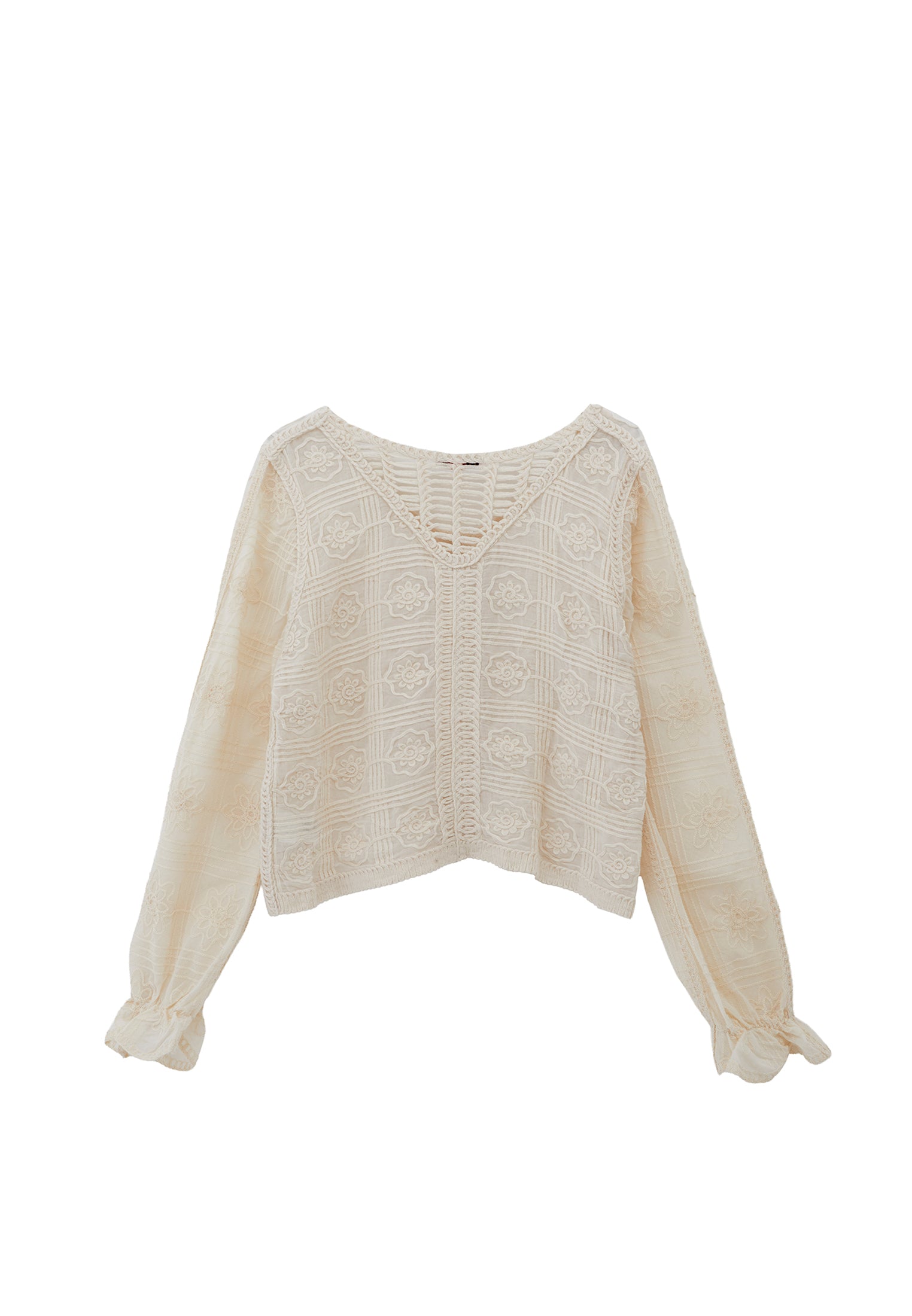 بلوزة مطرزة بياقة على شكل حرف V - حليب اللوز