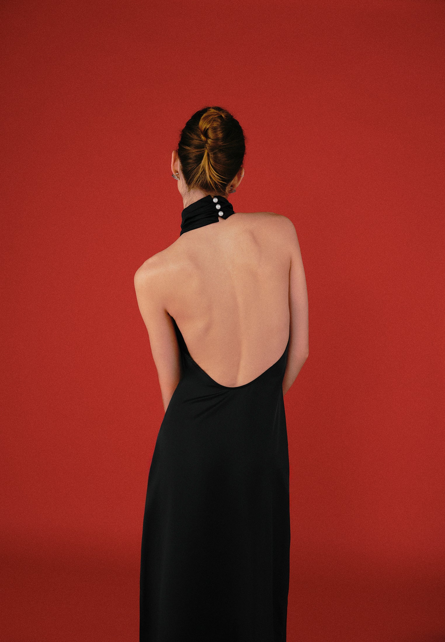 Long Dress With High Neck, Button And Slit Detail - BLACK