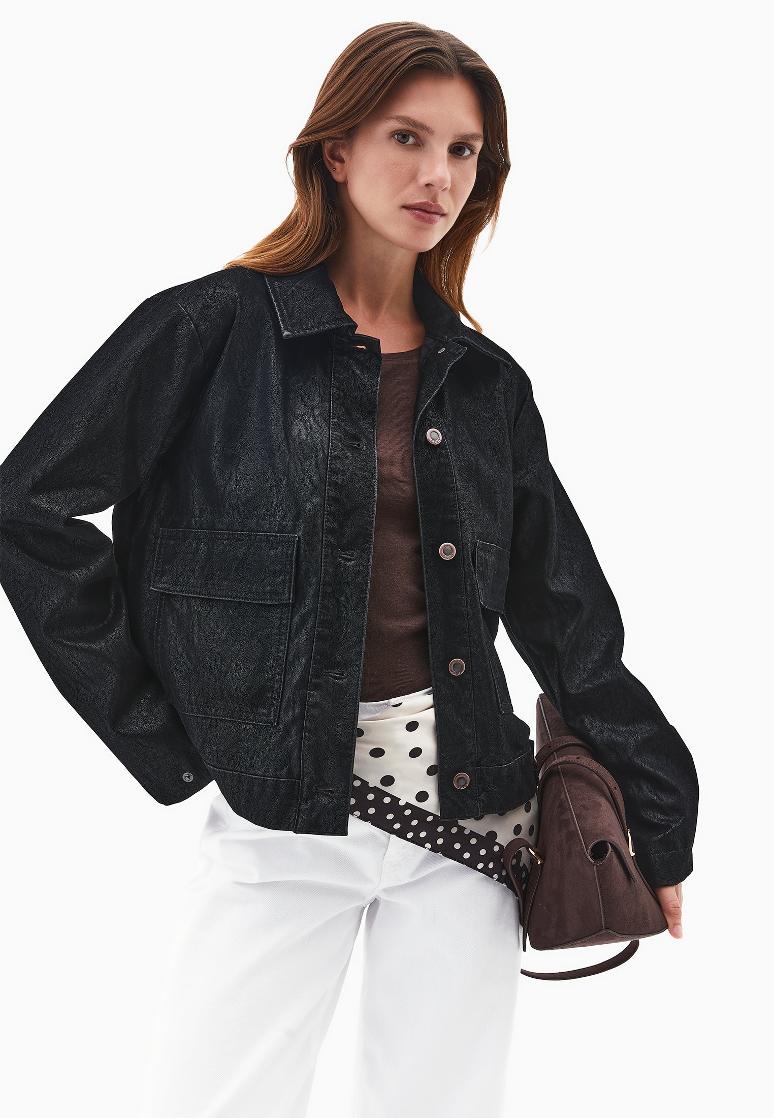 Slim Suede Jacket With Pocket Details - BLACK