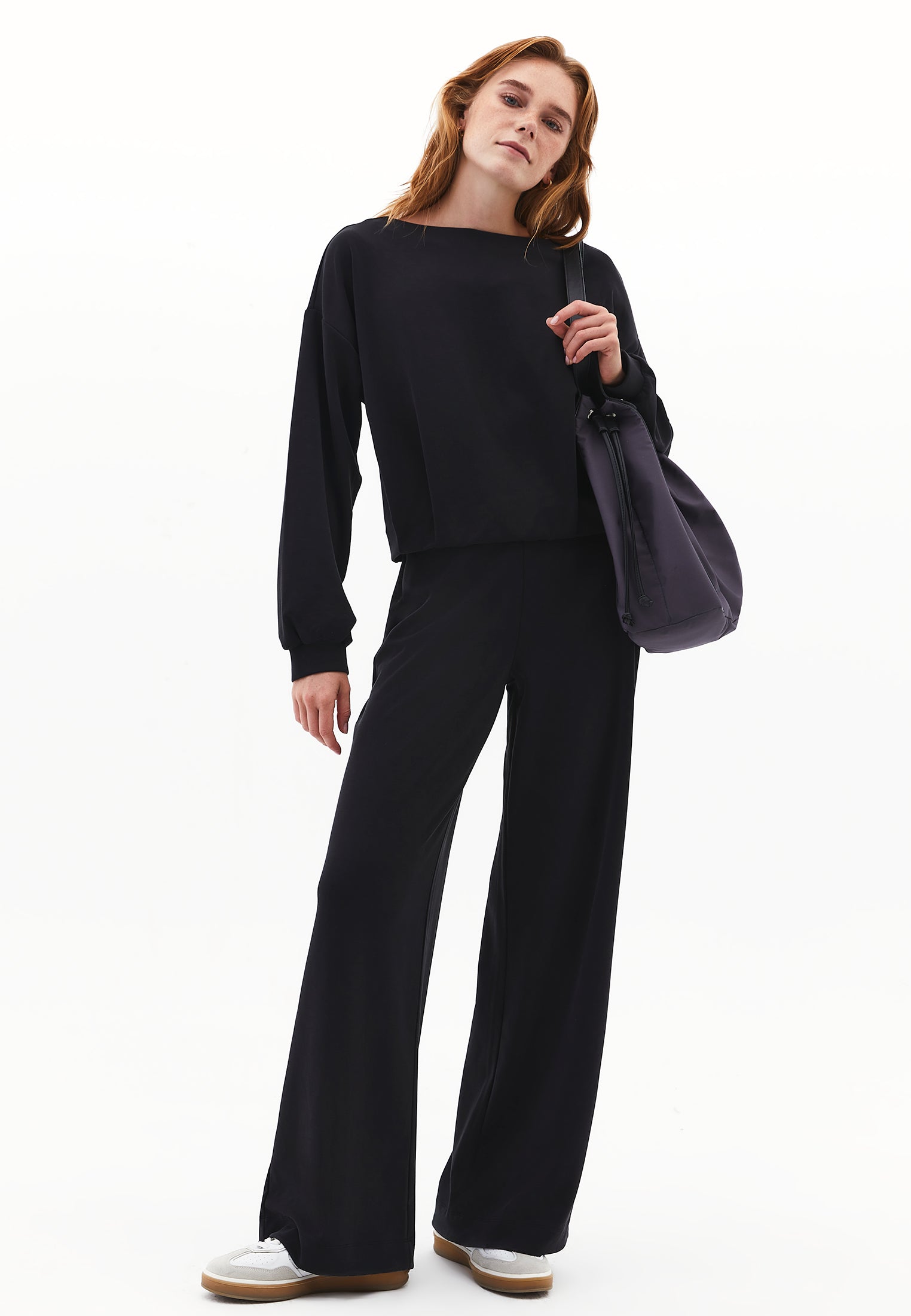 Wide Leg Pants With Modal Content - BLACK