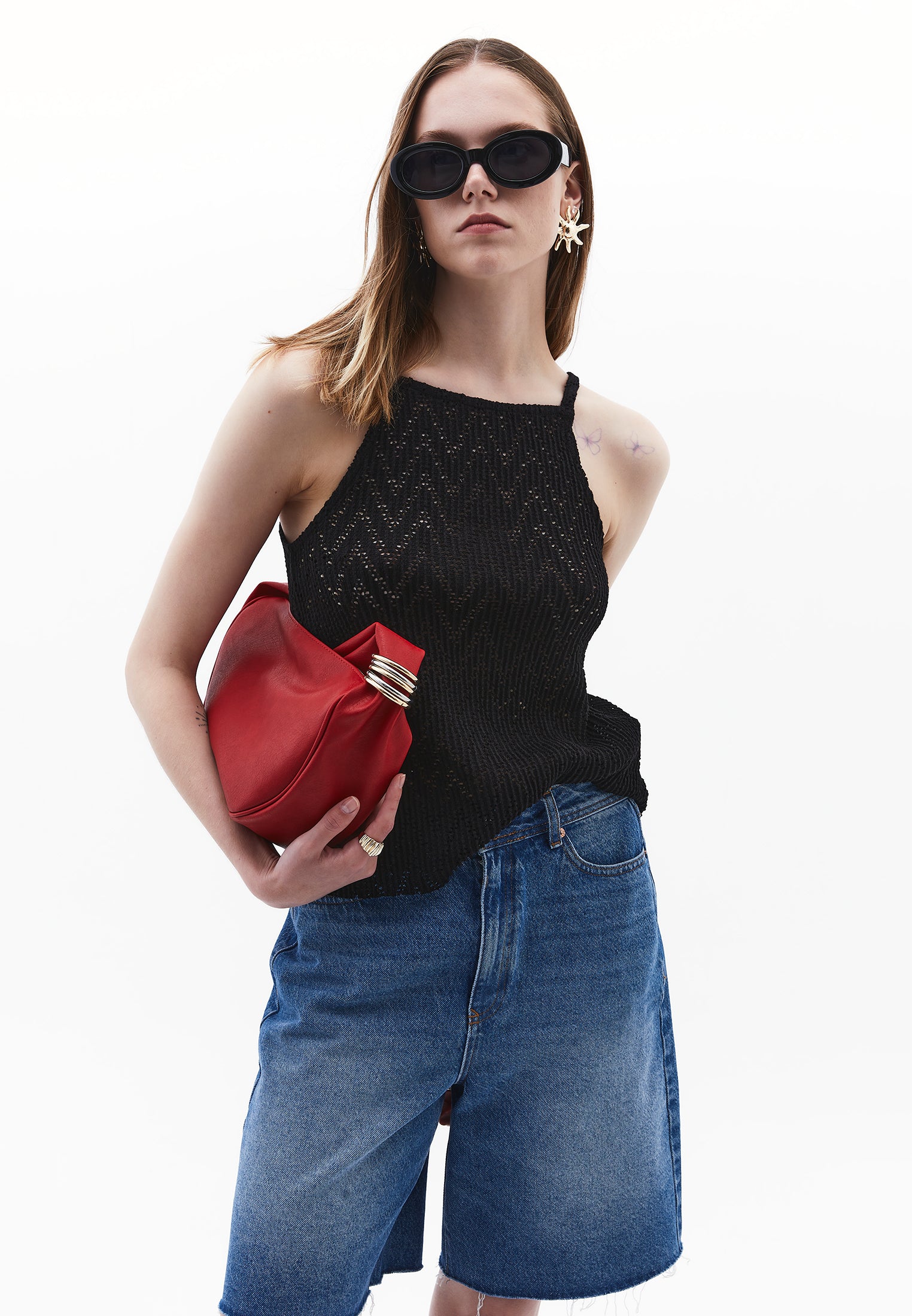 Halter Neck Cotton Tank Top - BLACK