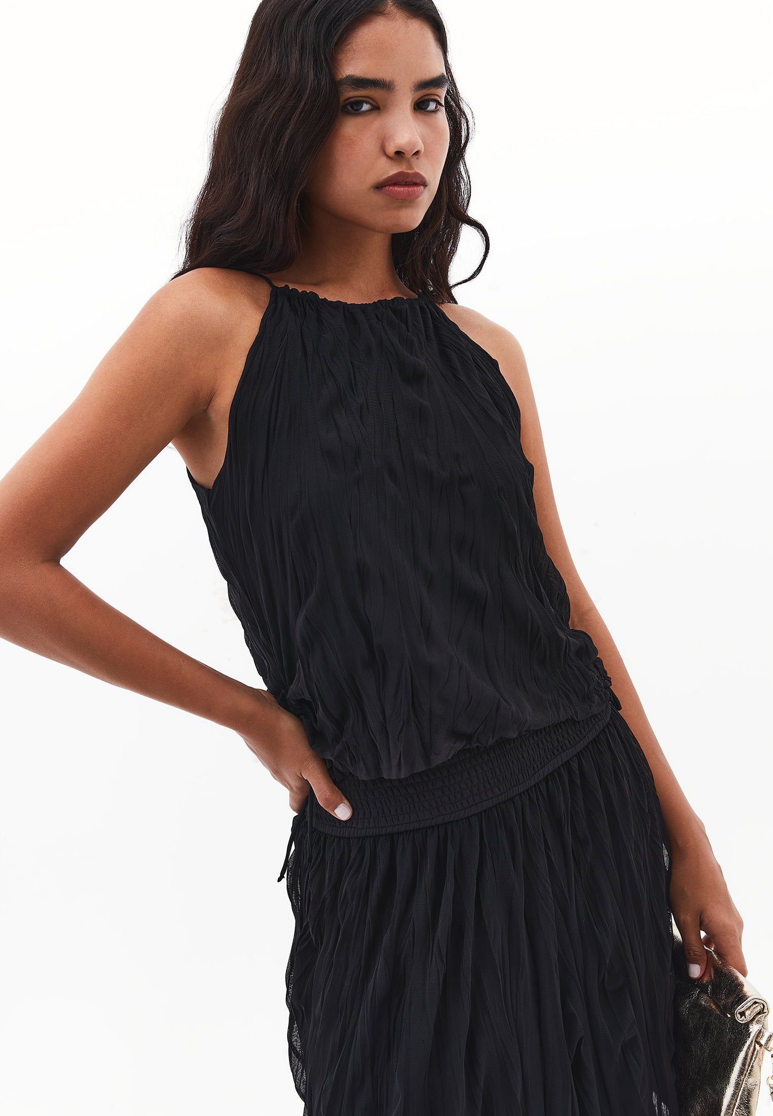 بلوزة بياقة برقبة رقبة رسن مجعدة - أسود