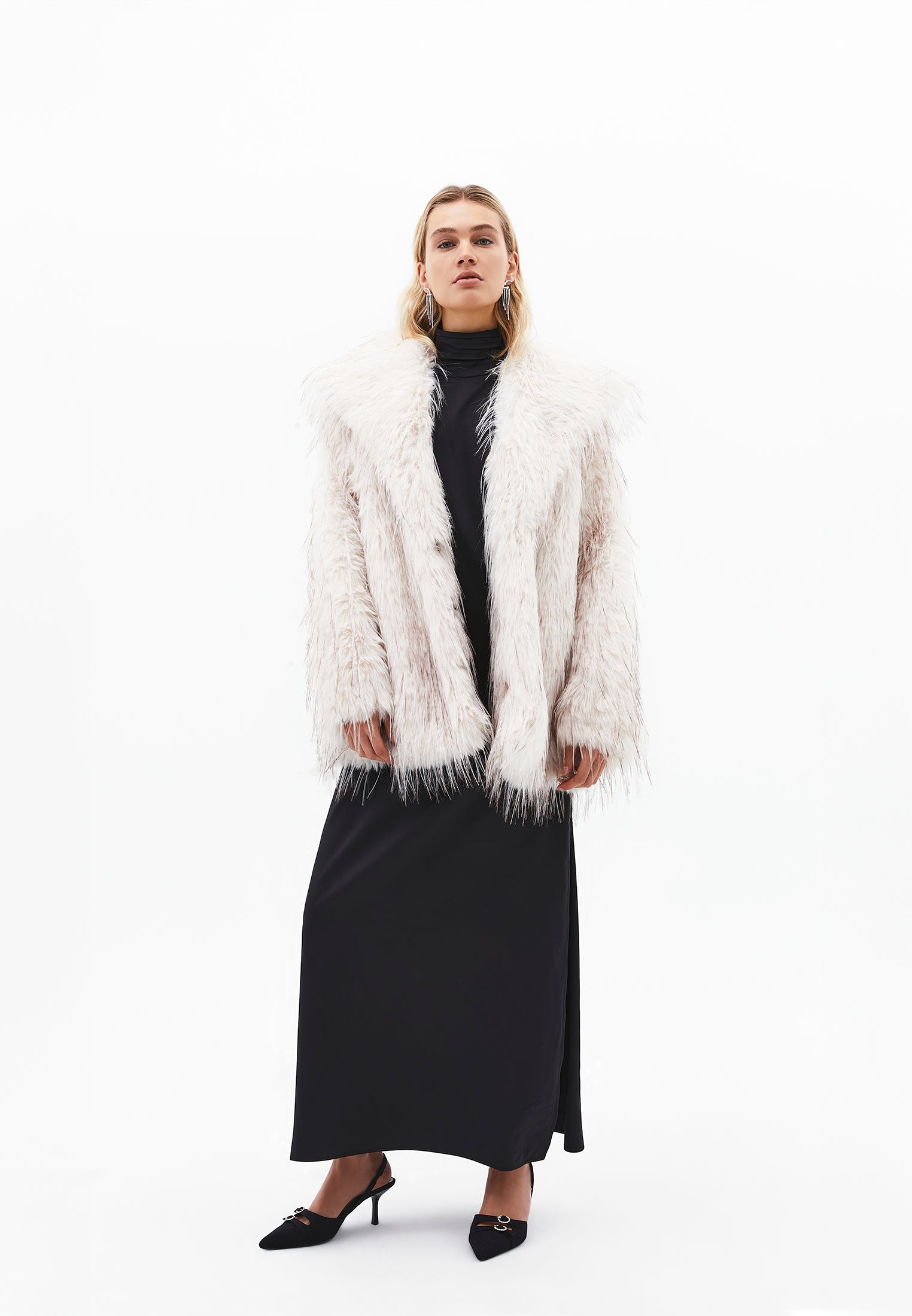 Long Dress With High Neck, Button And Slit Detail - BLACK