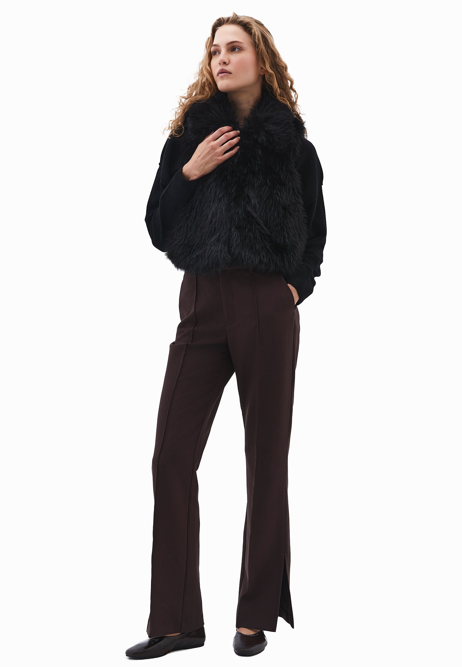 V Neck Faux Fur Vest - BLACK