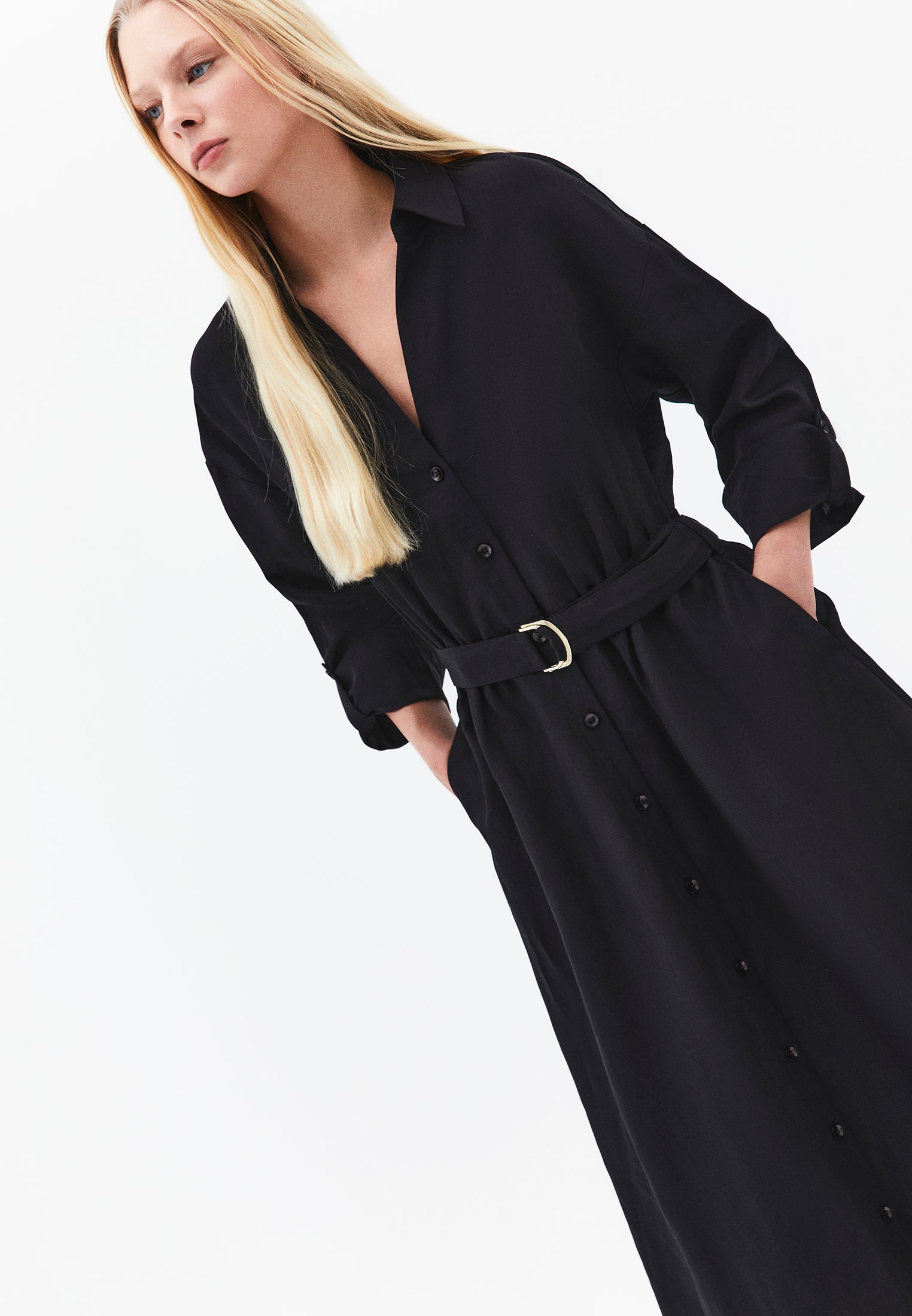 Belt Detailed Long Shirt Collar Dress - BLACK