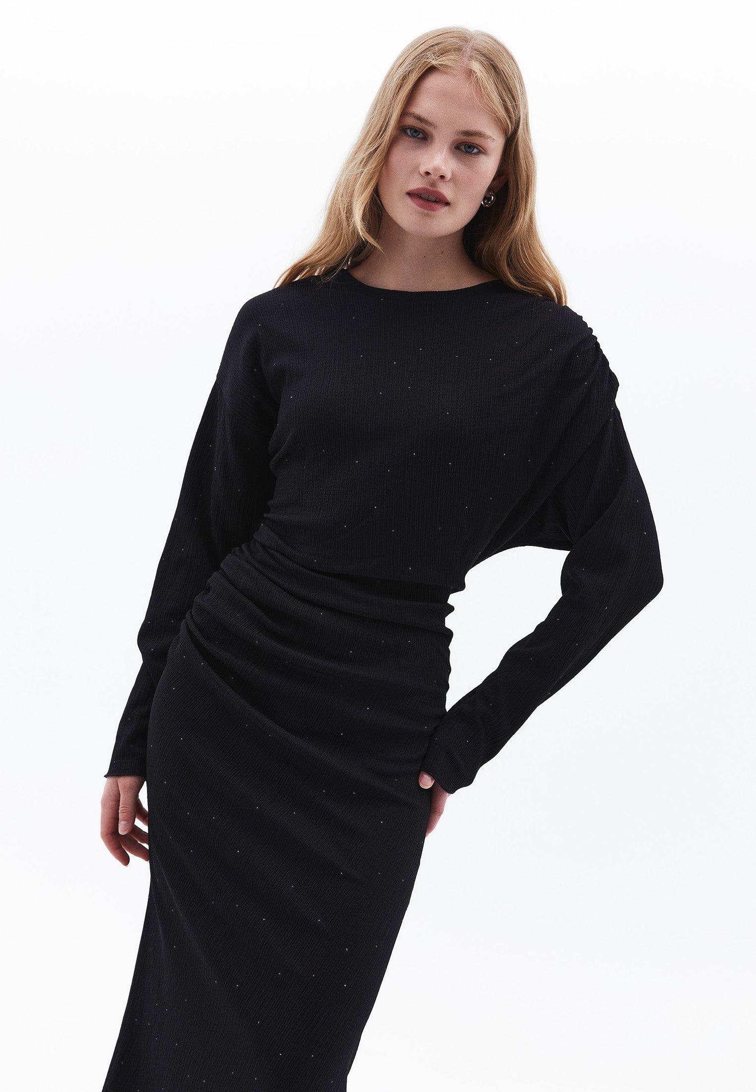 Long Dress With Ruched Crew Neck - BLACK