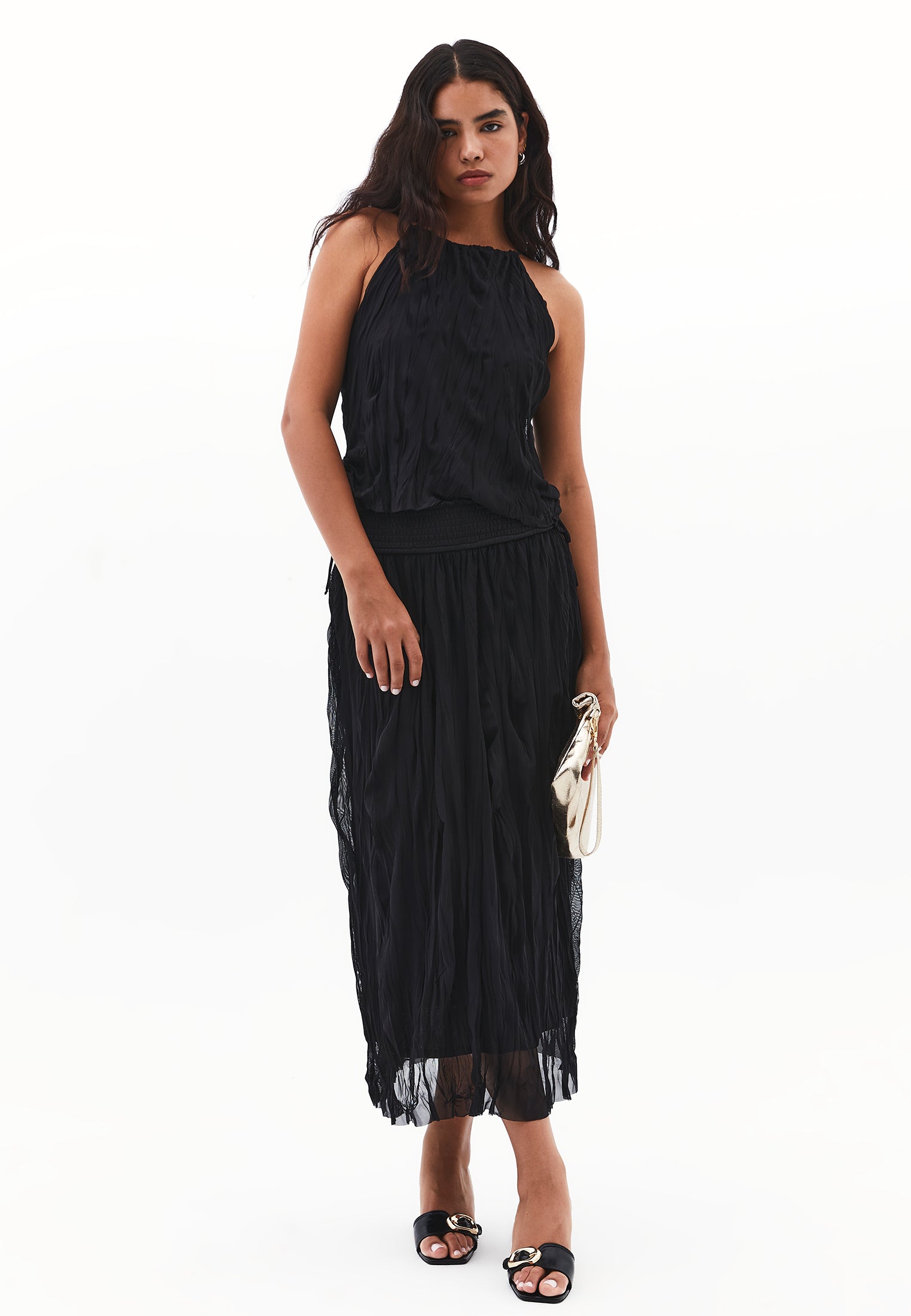 بلوزة بياقة برقبة رقبة رسن مجعدة - أسود