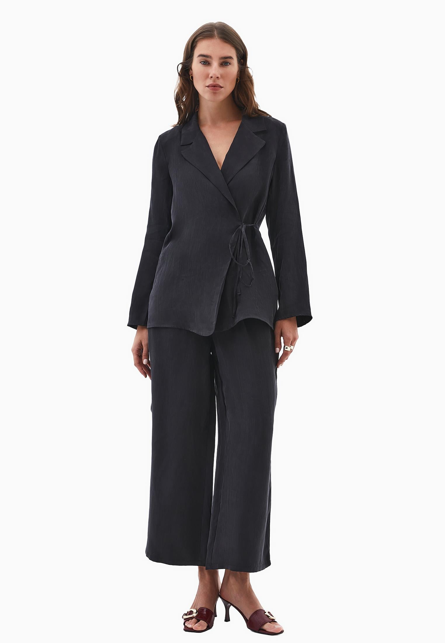 Double-Breasted Lyocell Blazer - BLACK