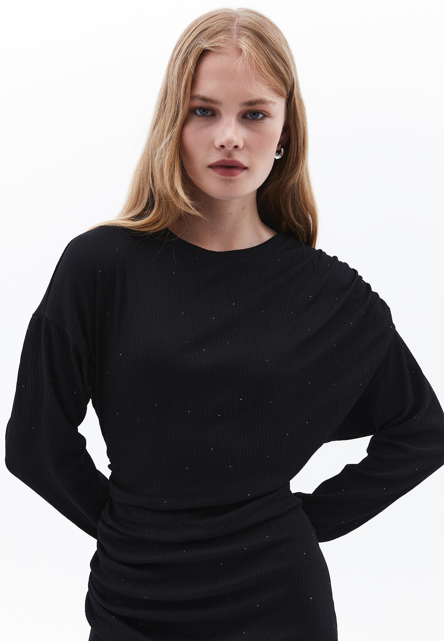 Long Dress With Ruched Crew Neck - BLACK