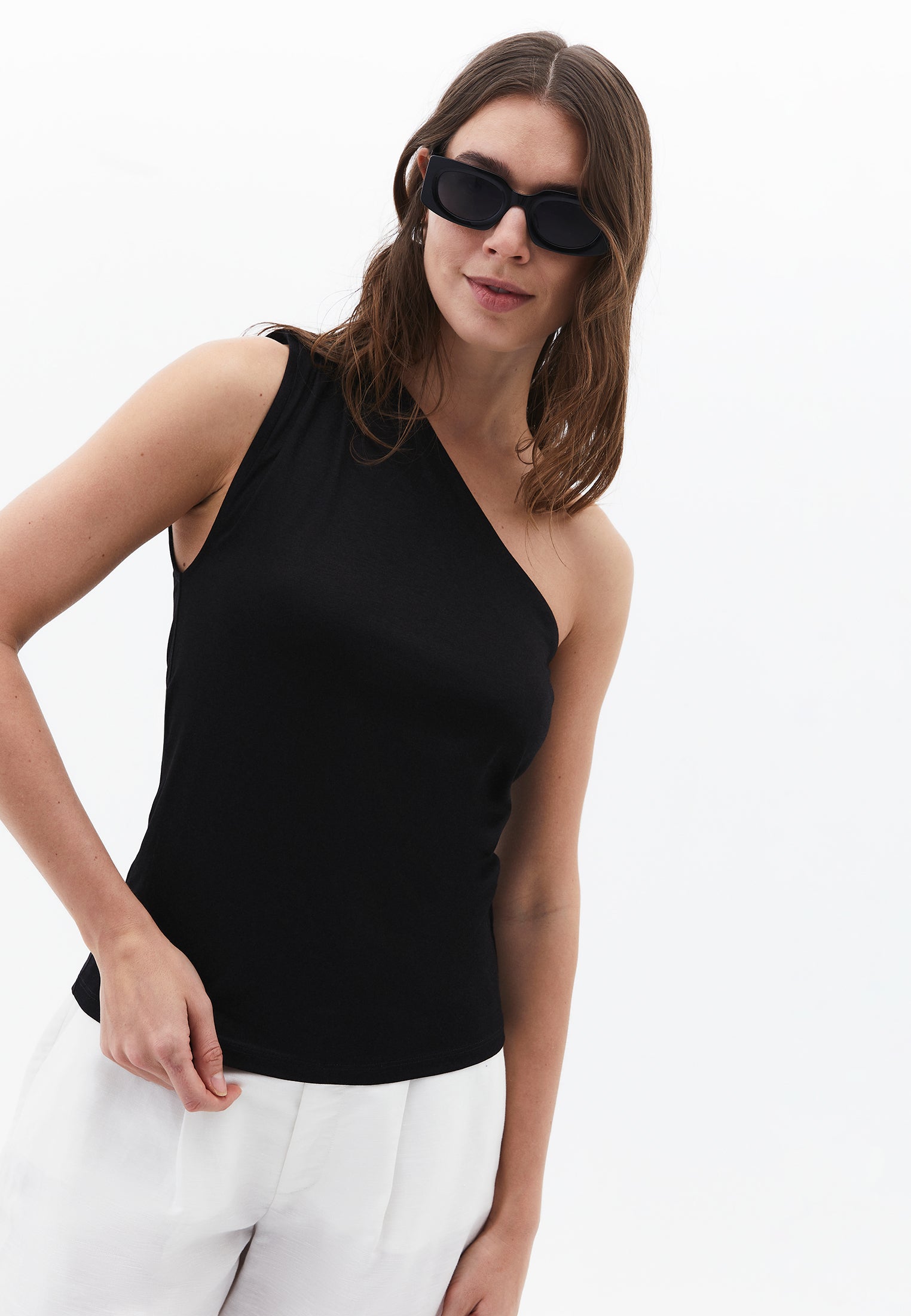 Pleated One-Shoulder Blouse - BLACK