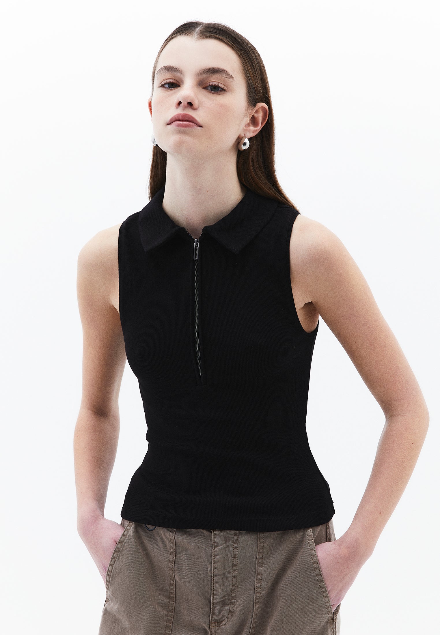 Polo Neck Tank Top - BLACK