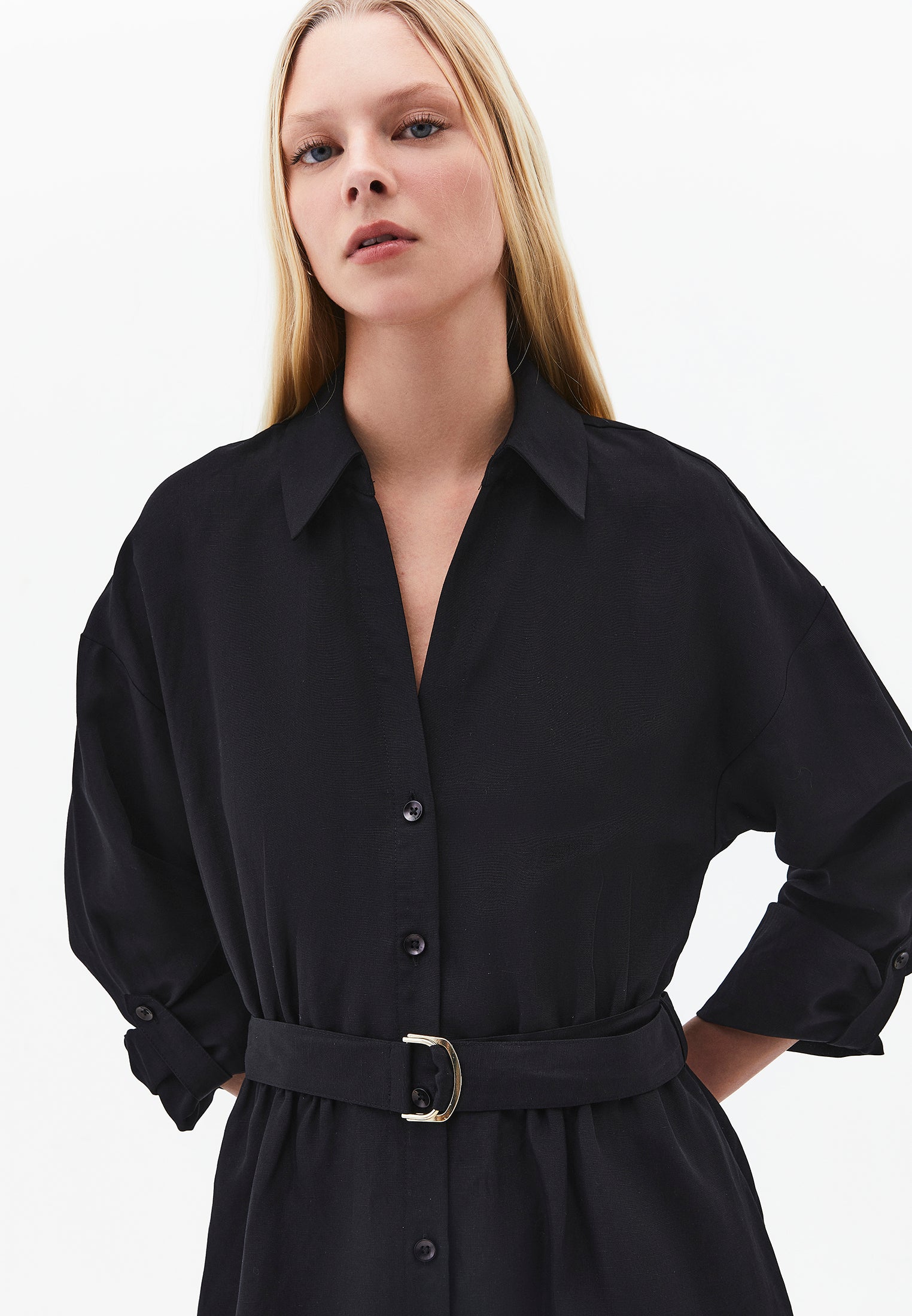 Belt Detailed Long Shirt Collar Dress - BLACK