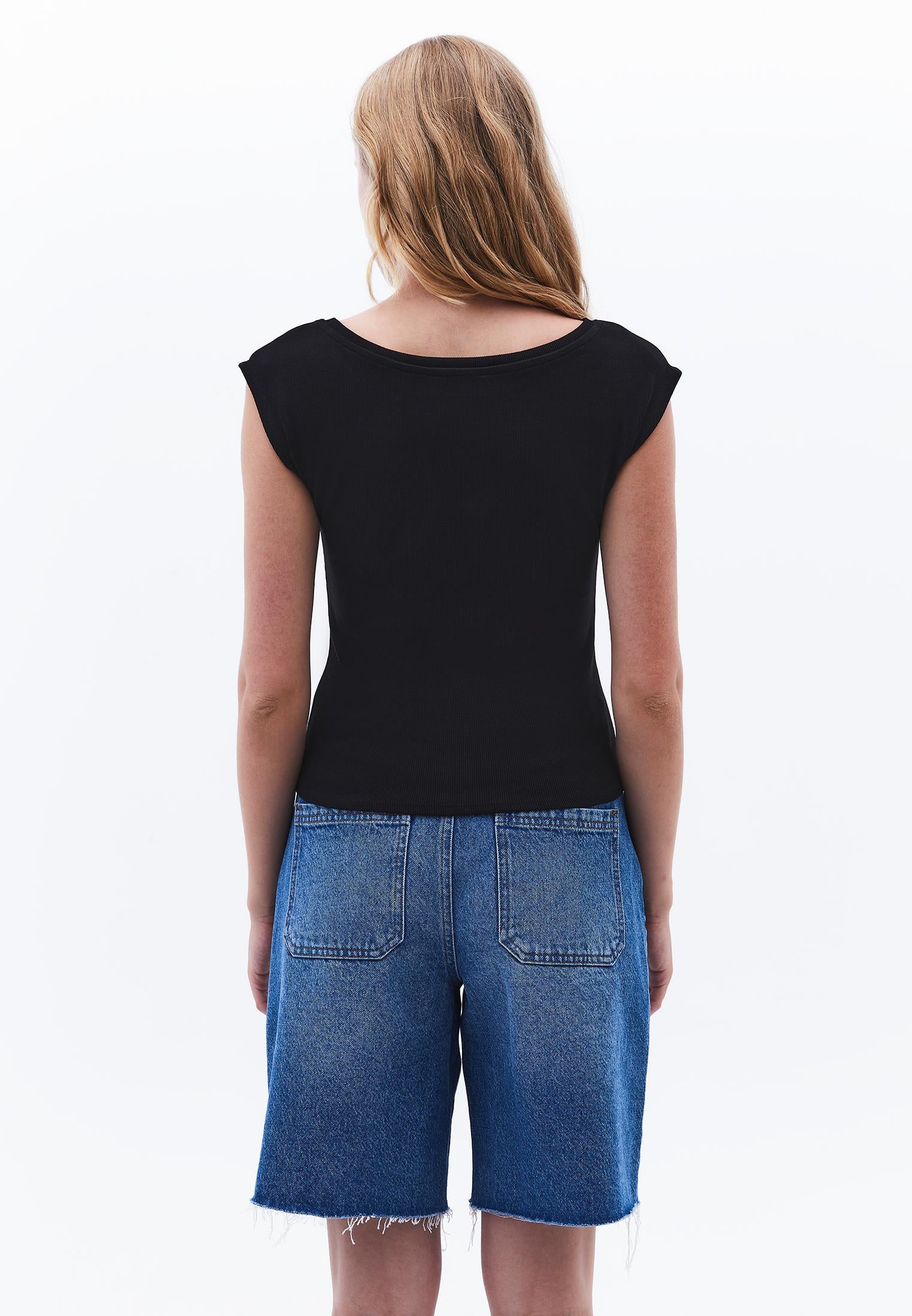 Boat Neck Short Sleeve T-Shirt - BLACK